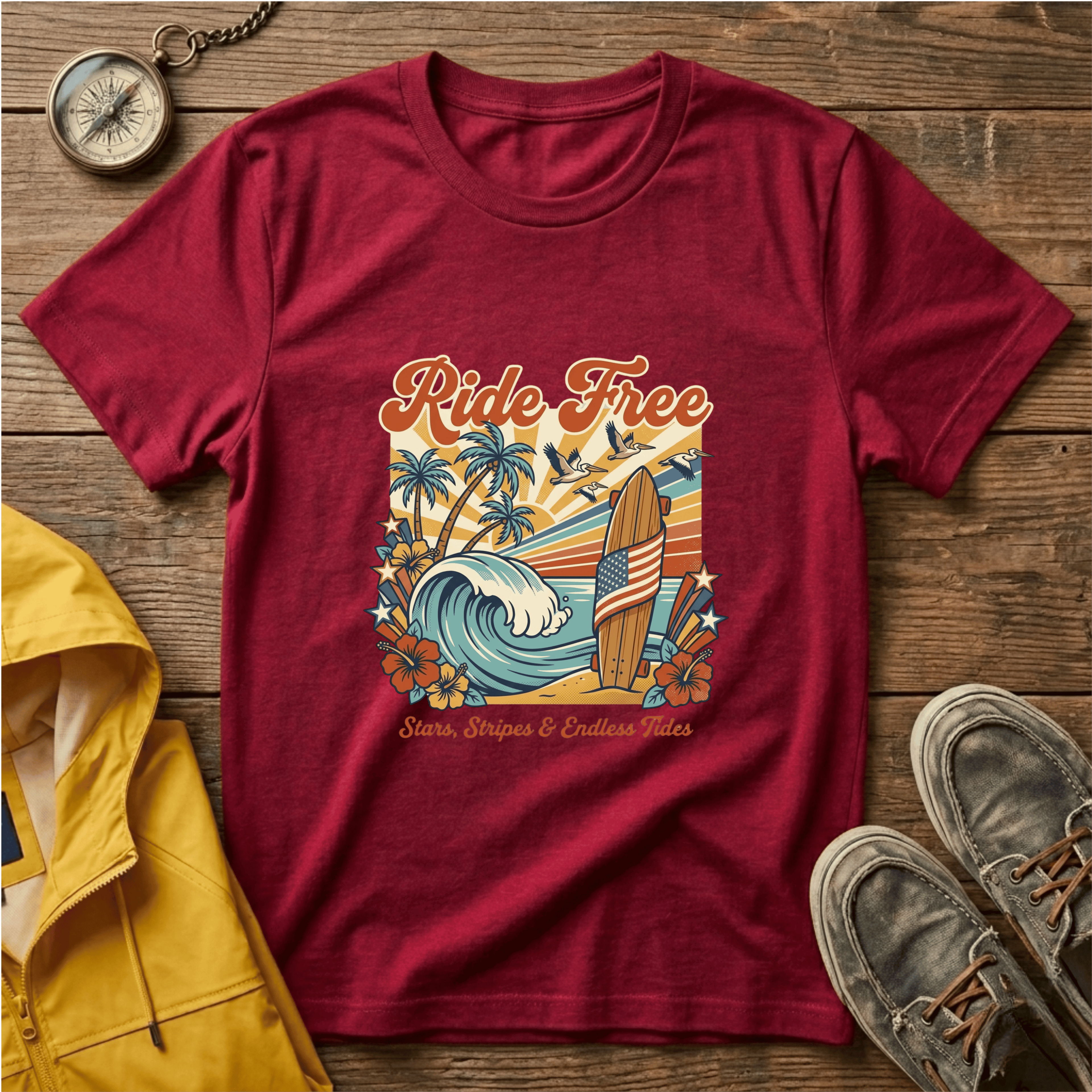 Ride Free Surf T-Shirt — Vintage Beach Palm Tree Graphic