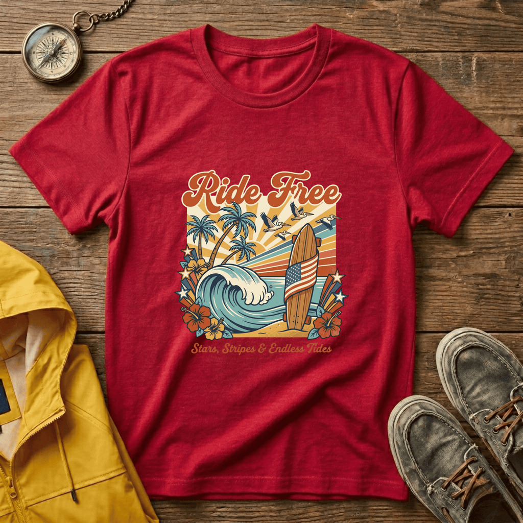 Ride Free Surf T-Shirt — Vintage Beach Palm Tree Graphic