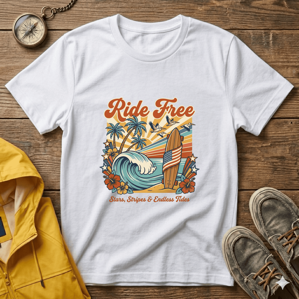 Ride Free Surf T-Shirt — Vintage Beach Palm Tree Graphic