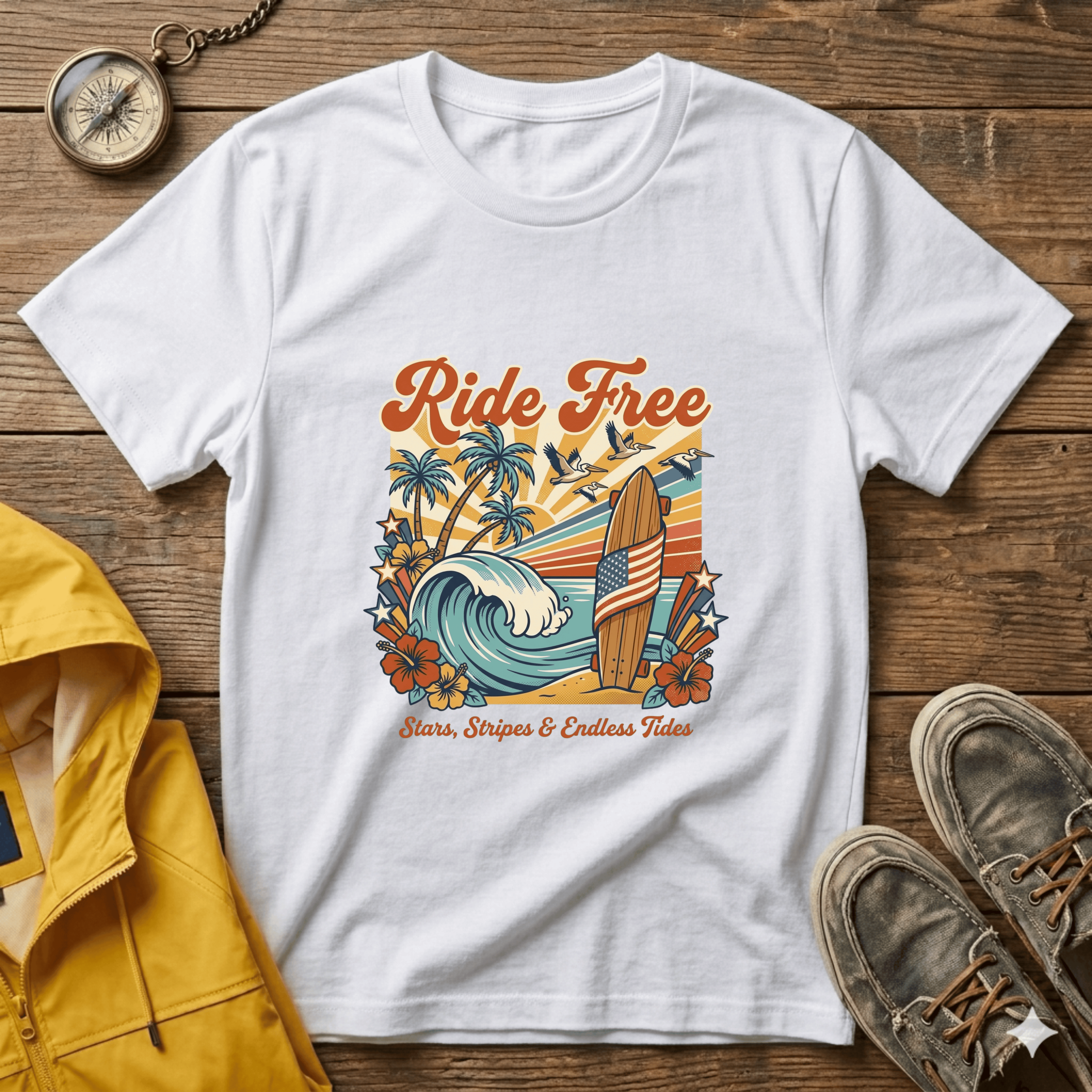 Ride Free Surf T-Shirt — Vintage Beach Palm Tree Graphic
