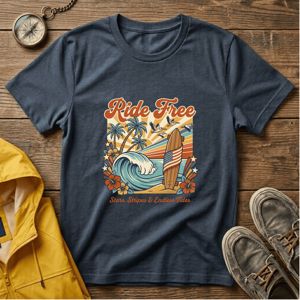 Ride Free Surf T-Shirt — Vintage Beach Palm Tree Graphic