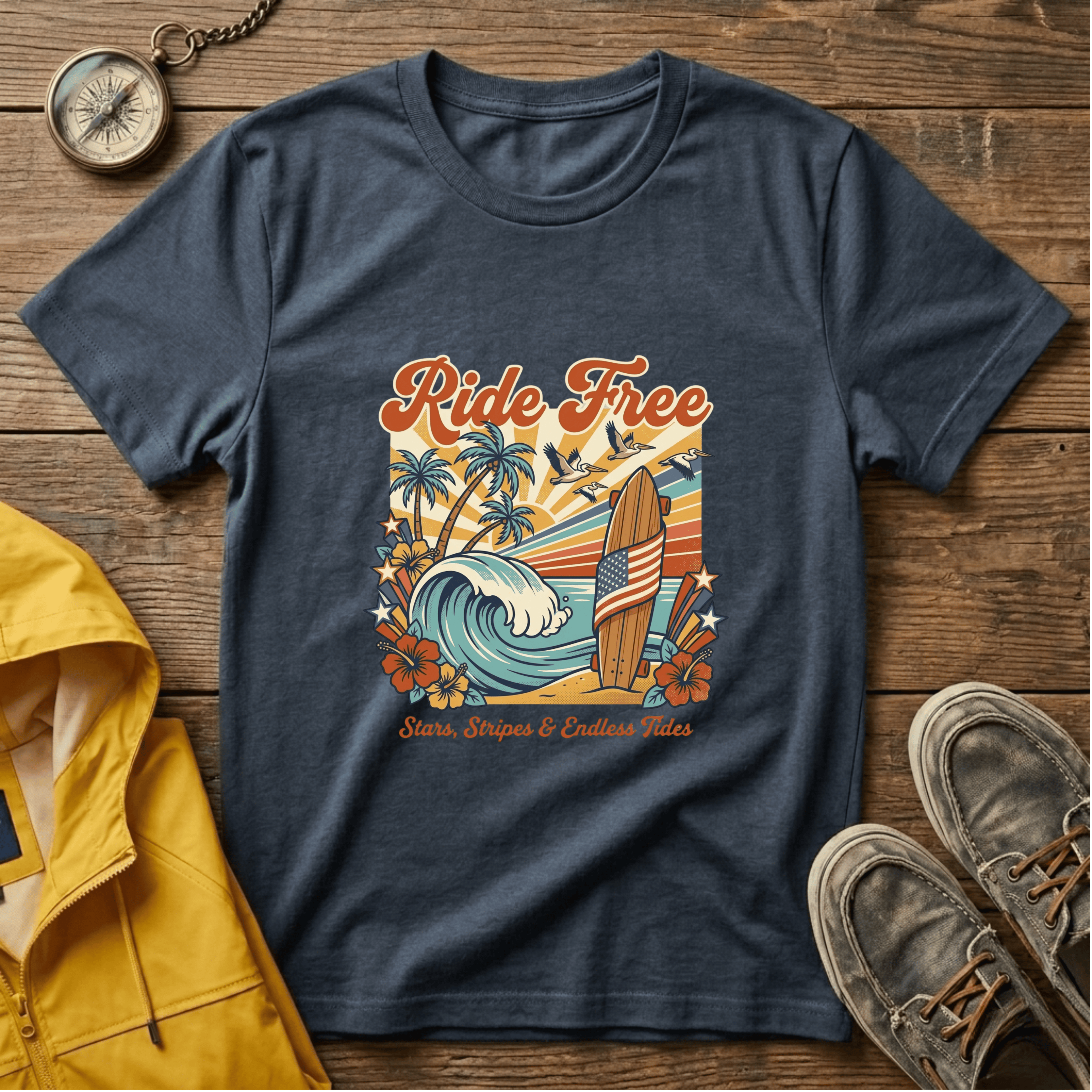 Ride Free Surf T-Shirt — Vintage Beach Palm Tree Graphic