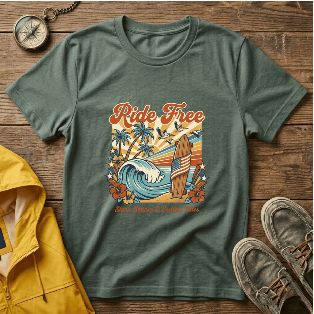 Ride Free Surf T-Shirt — Vintage Beach Palm Tree Graphic