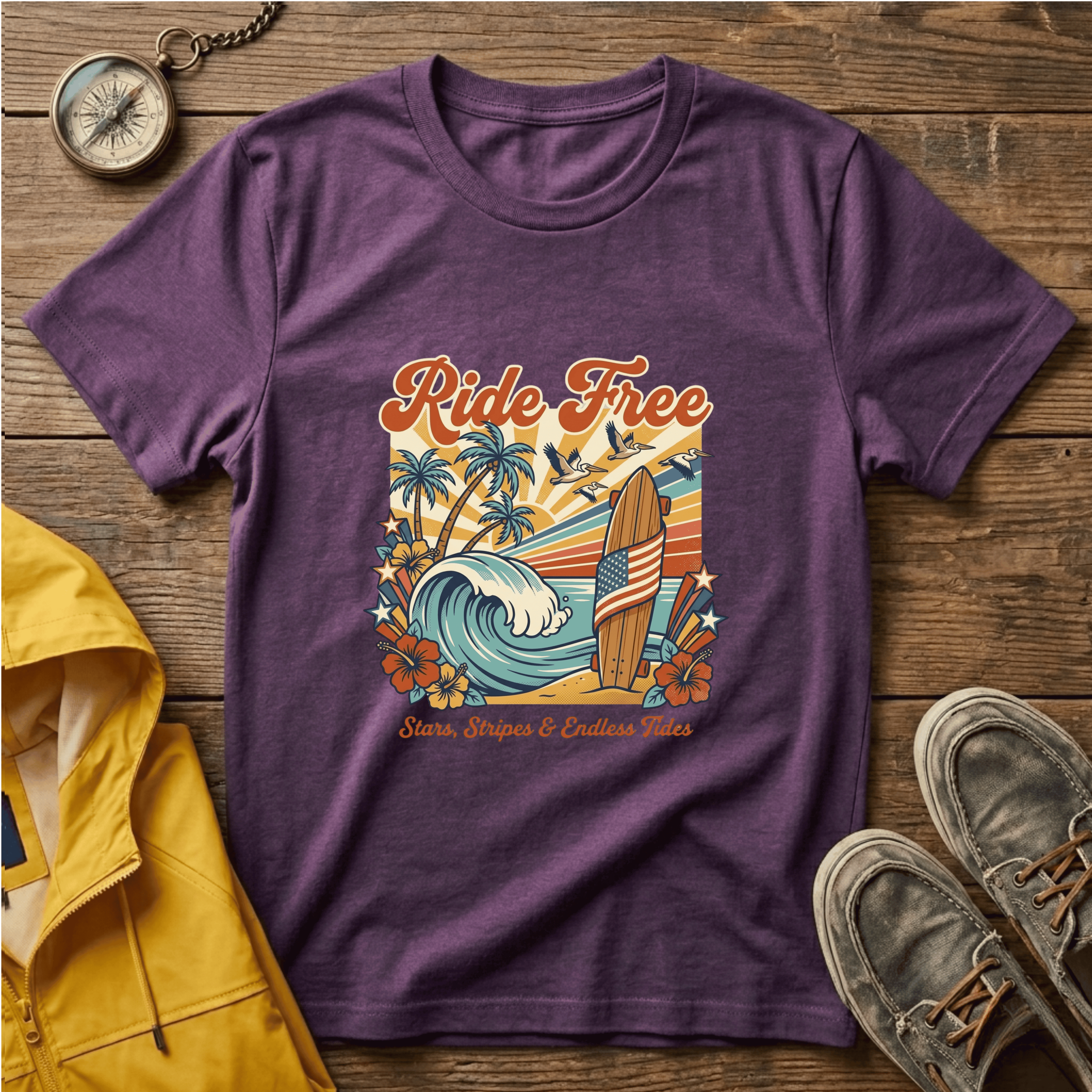 Ride Free Surf T-Shirt — Vintage Beach Palm Tree Graphic