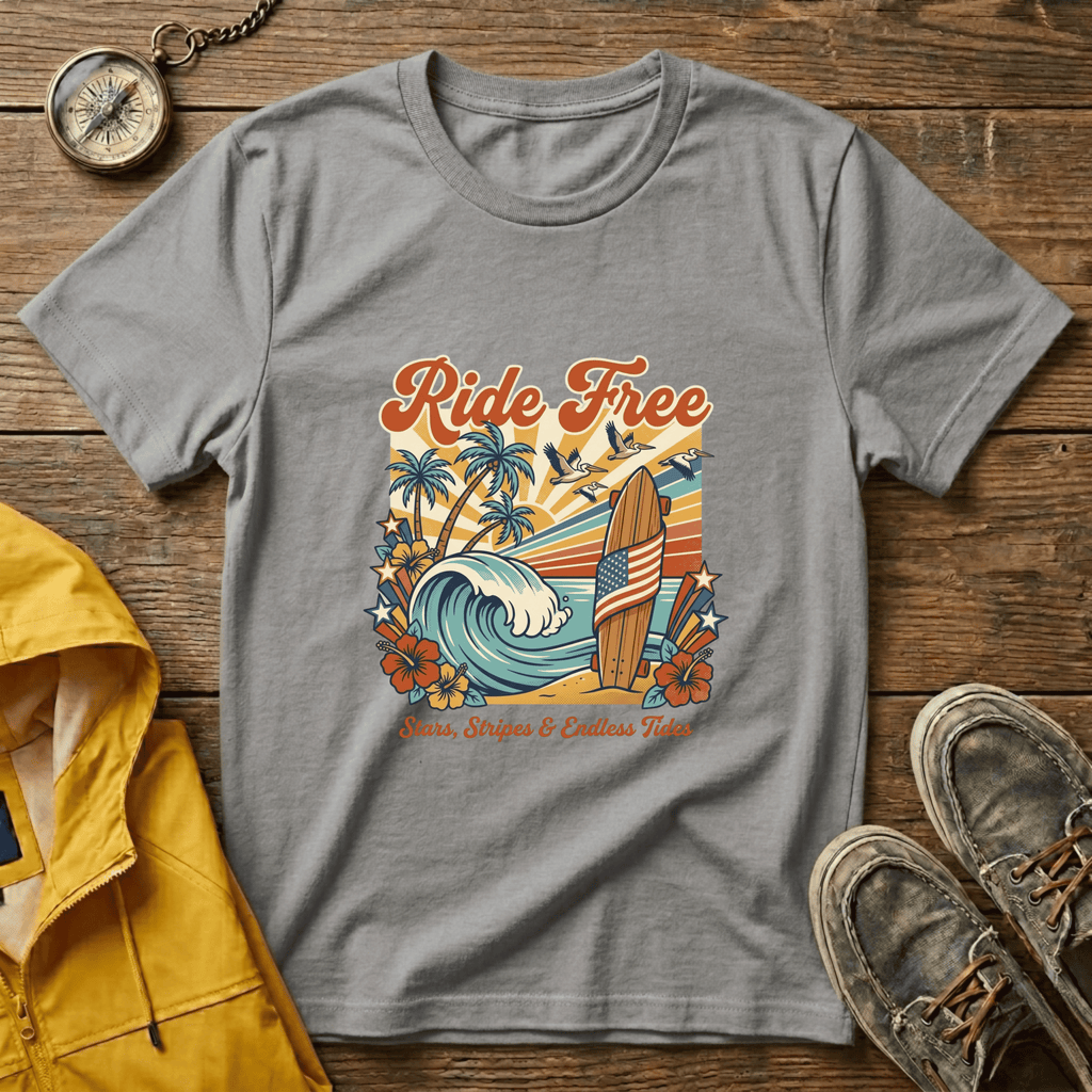Ride Free Surf T-Shirt — Vintage Beach Palm Tree Graphic