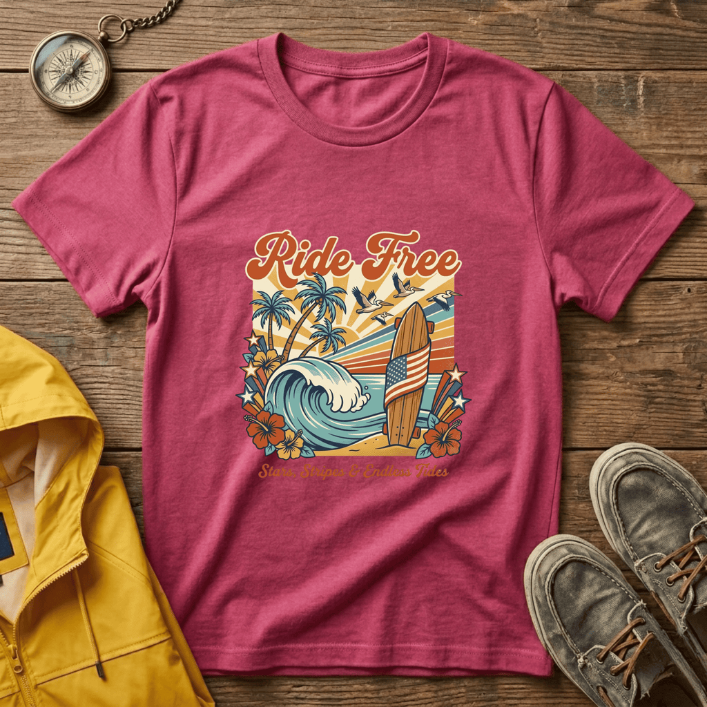 Ride Free Surf T-Shirt — Vintage Beach Palm Tree Graphic