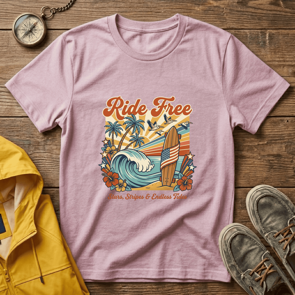 Ride Free Surf T-Shirt — Vintage Beach Palm Tree Graphic