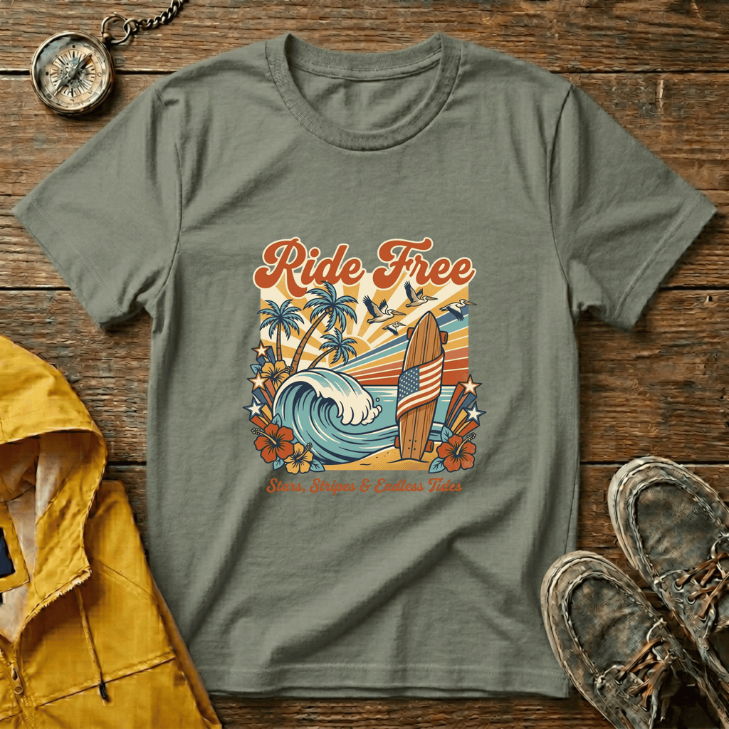 Ride Free Surf T-Shirt — Vintage Beach Palm Tree Graphic