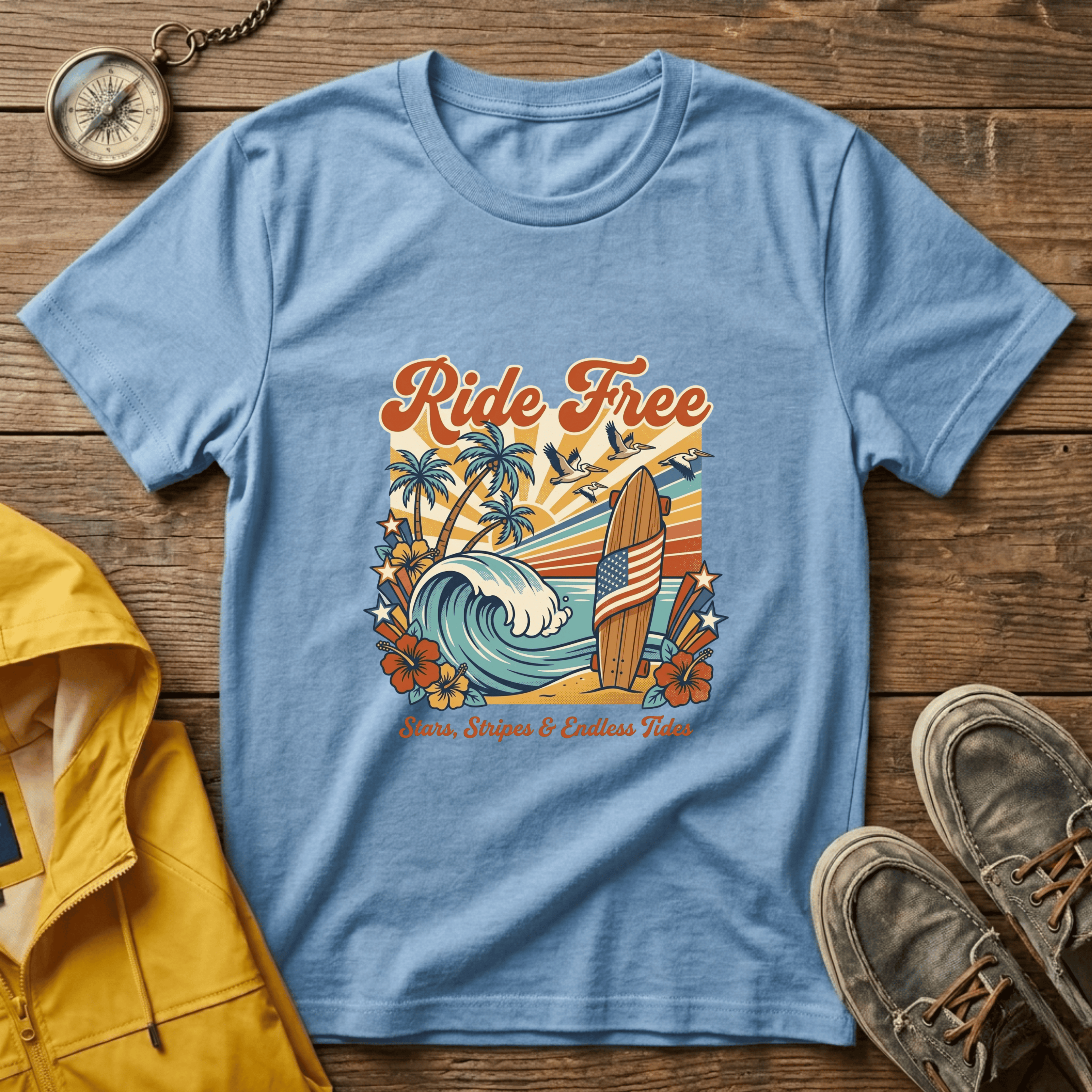 Ride Free Surf T-Shirt — Vintage Beach Palm Tree Graphic