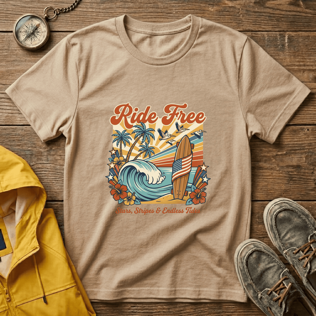 Ride Free Surf T-Shirt — Vintage Beach Palm Tree Graphic