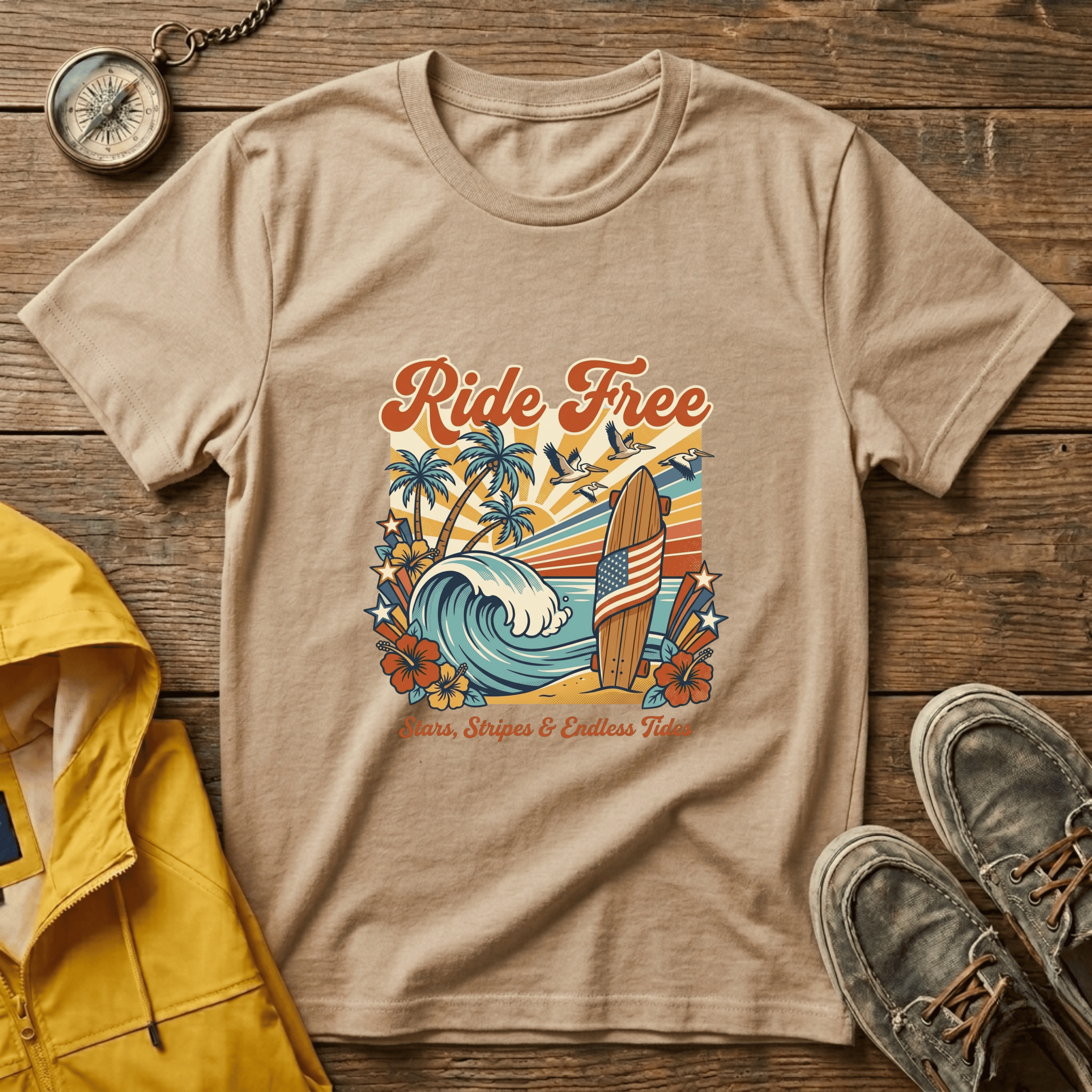 Ride Free Surf T-Shirt — Vintage Beach Palm Tree Graphic