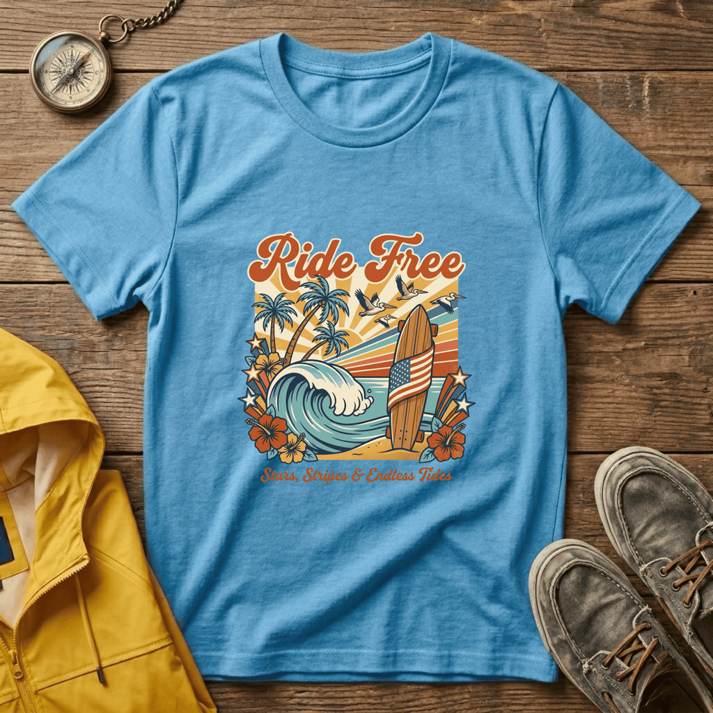 Ride Free Surf T-Shirt — Vintage Beach Palm Tree Graphic