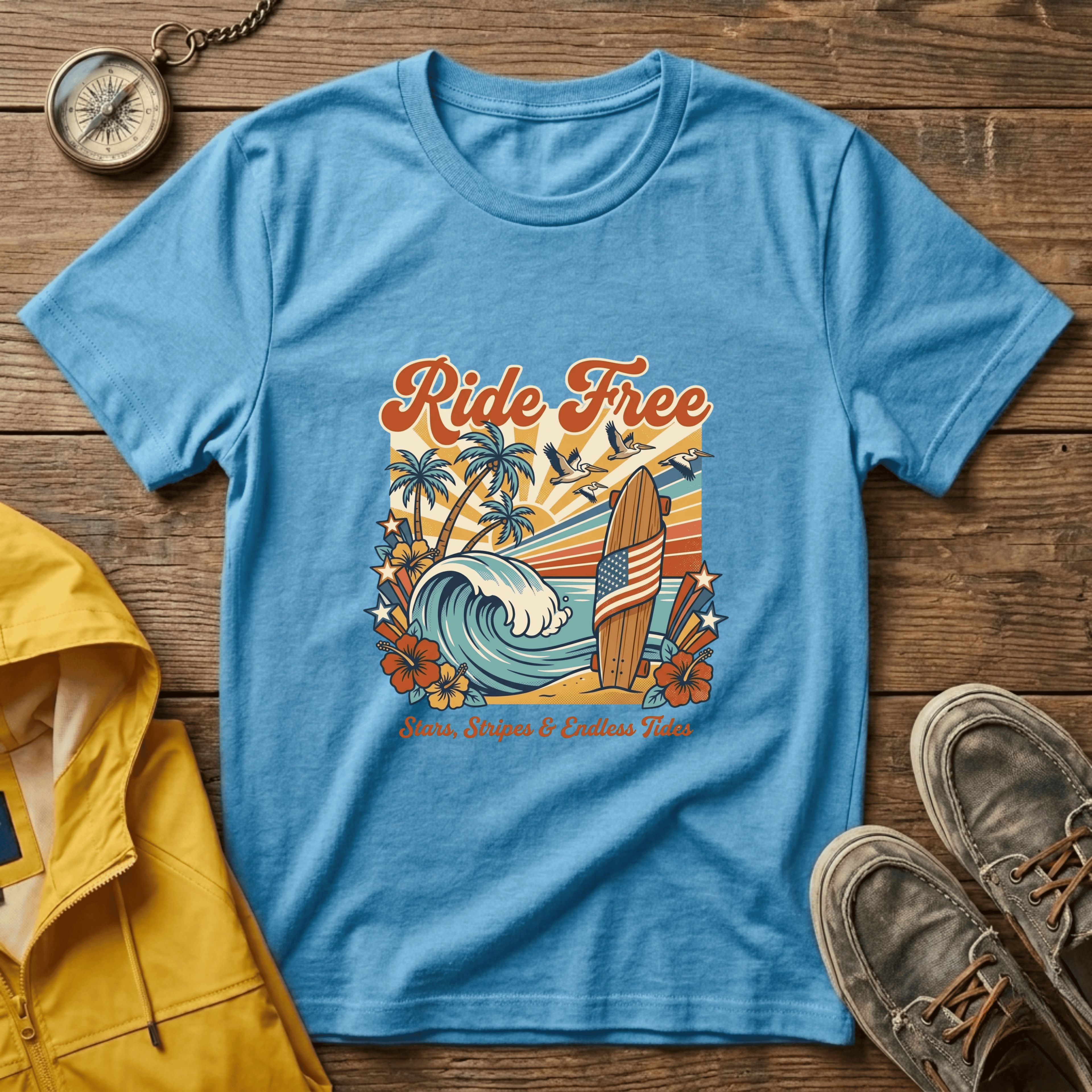 Ride Free Surf T-Shirt — Vintage Beach Palm Tree Graphic