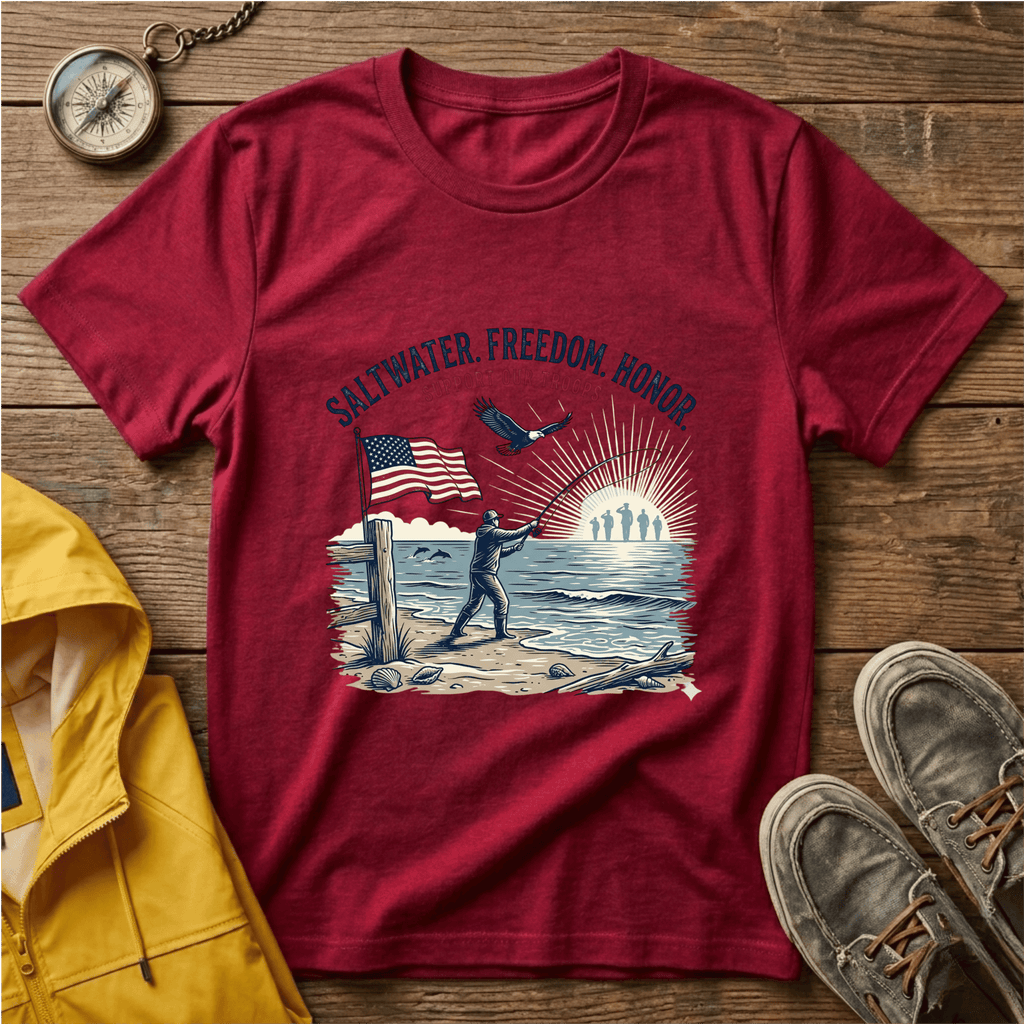 Patriotic Surf T‑Shirt — "Saltwater. Freedom. Honor." Support Our Troops