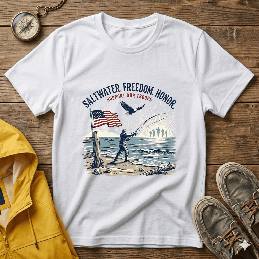 Patriotic Surf T‑Shirt — "Saltwater. Freedom. Honor." Support Our Troops