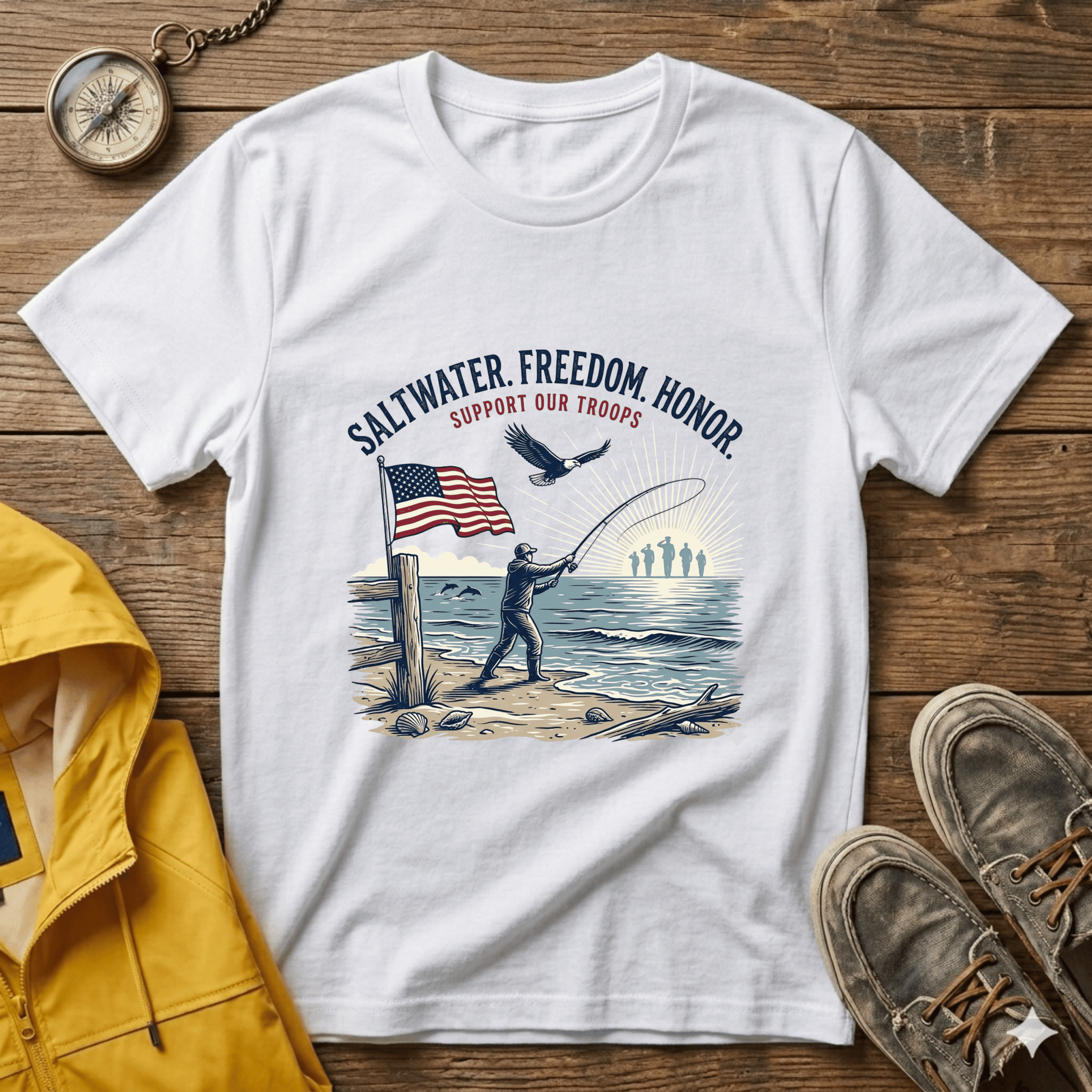 Patriotic Surf T‑Shirt — "Saltwater. Freedom. Honor." Support Our Troops