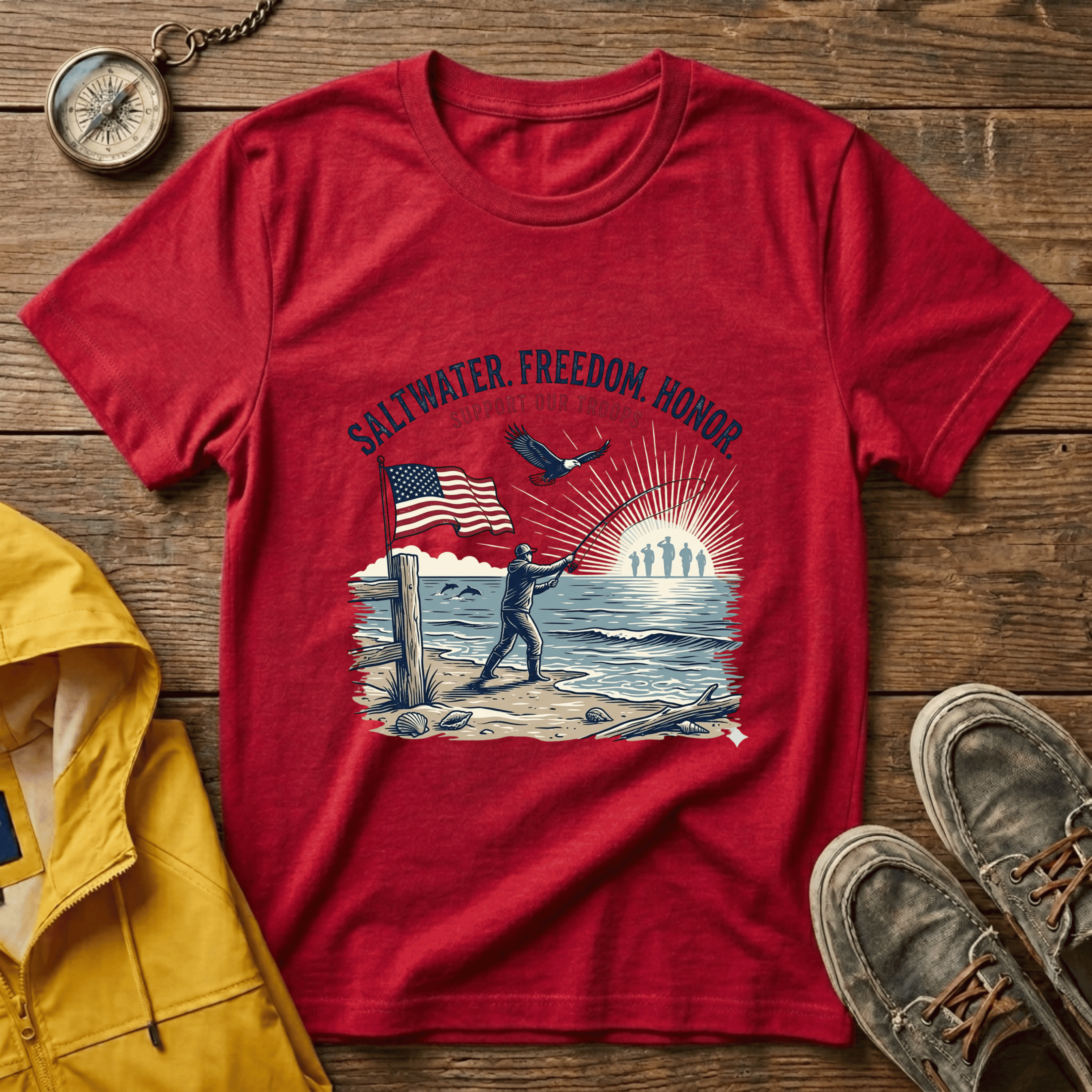 Patriotic Surf T‑Shirt — "Saltwater. Freedom. Honor." Support Our Troops