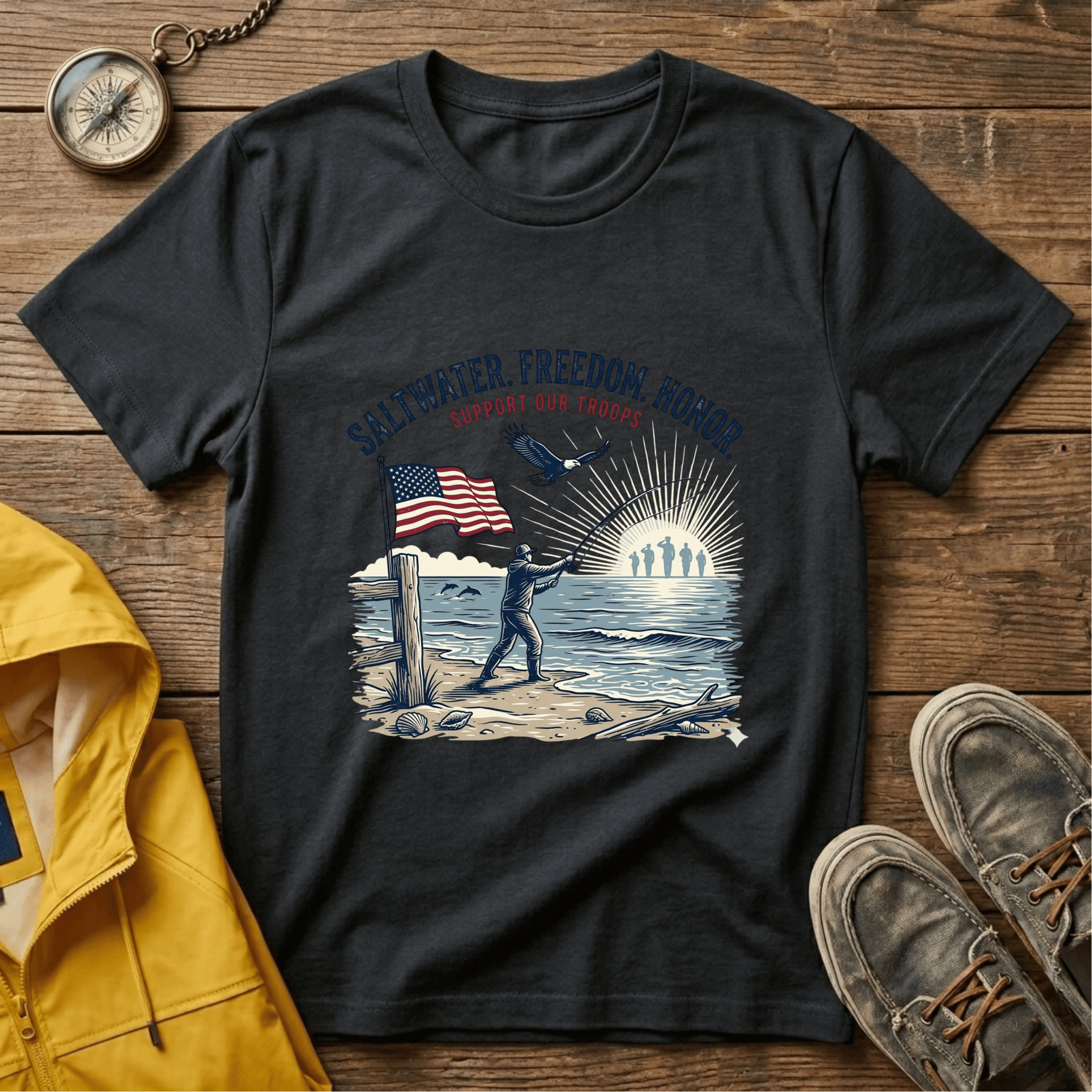 Patriotic Surf T‑Shirt — "Saltwater. Freedom. Honor." Support Our Troops