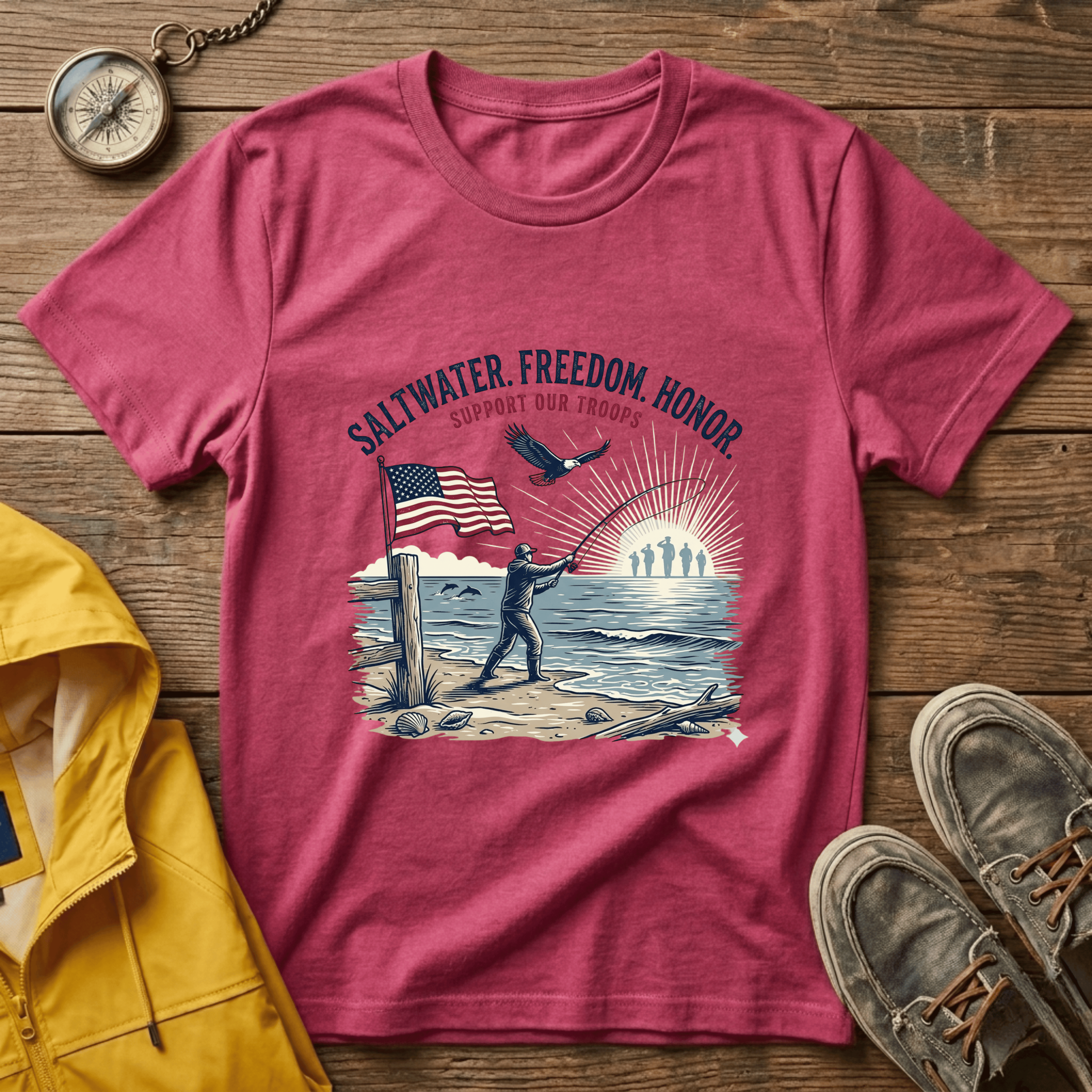 Patriotic Surf T‑Shirt — "Saltwater. Freedom. Honor." Support Our Troops