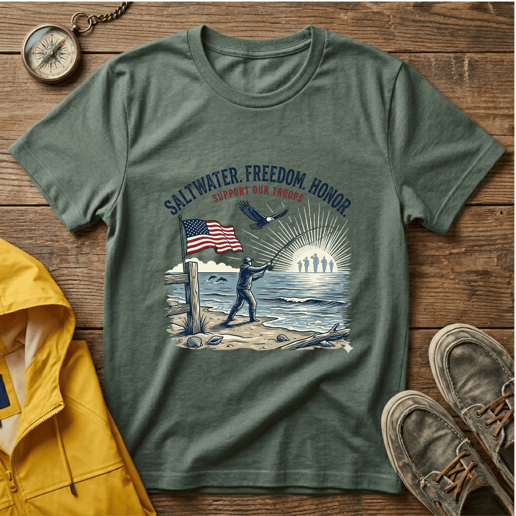 Patriotic Surf T‑Shirt — "Saltwater. Freedom. Honor." Support Our Troops