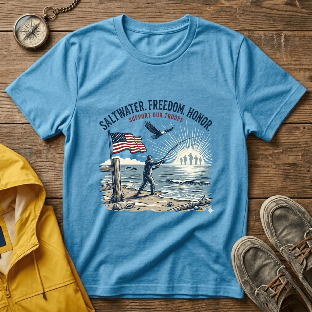 Patriotic Surf T‑Shirt — "Saltwater. Freedom. Honor." Support Our Troops