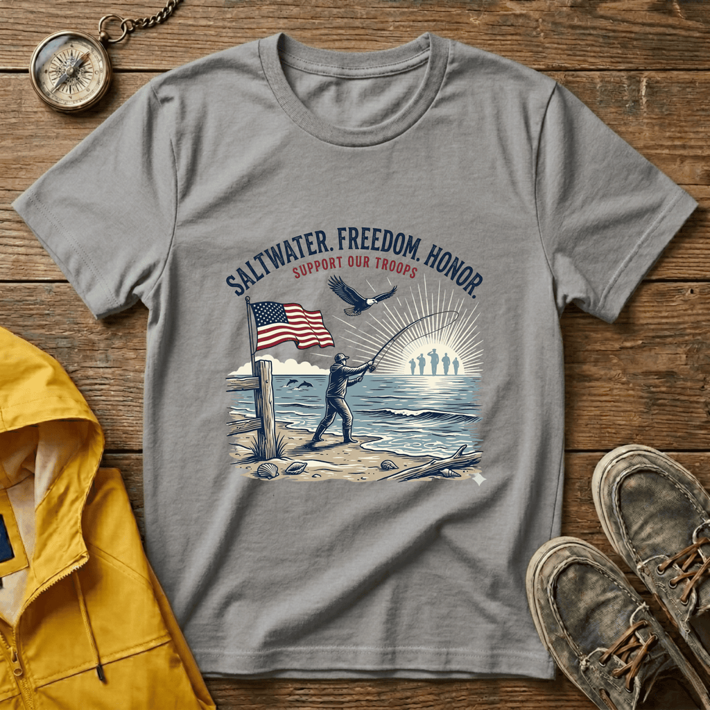 Patriotic Surf T‑Shirt — "Saltwater. Freedom. Honor." Support Our Troops