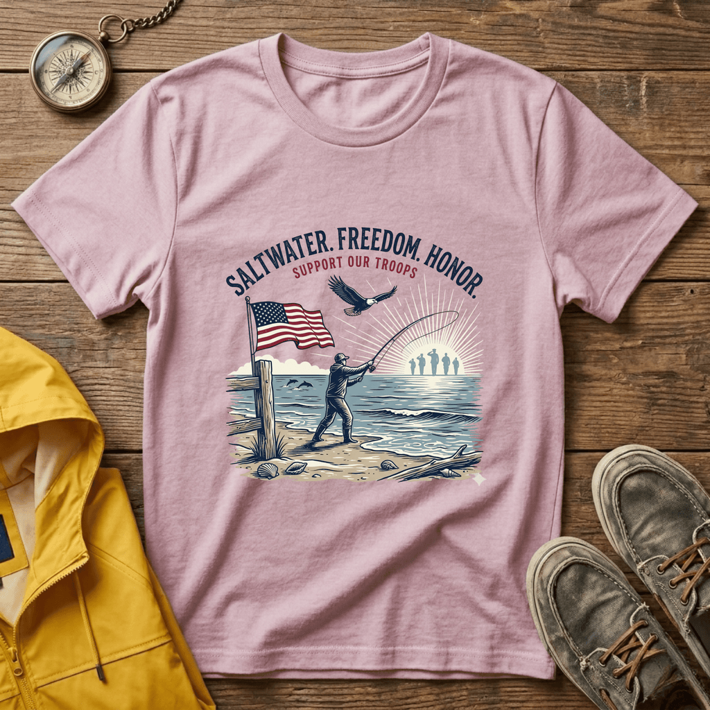 Patriotic Surf T‑Shirt — "Saltwater. Freedom. Honor." Support Our Troops