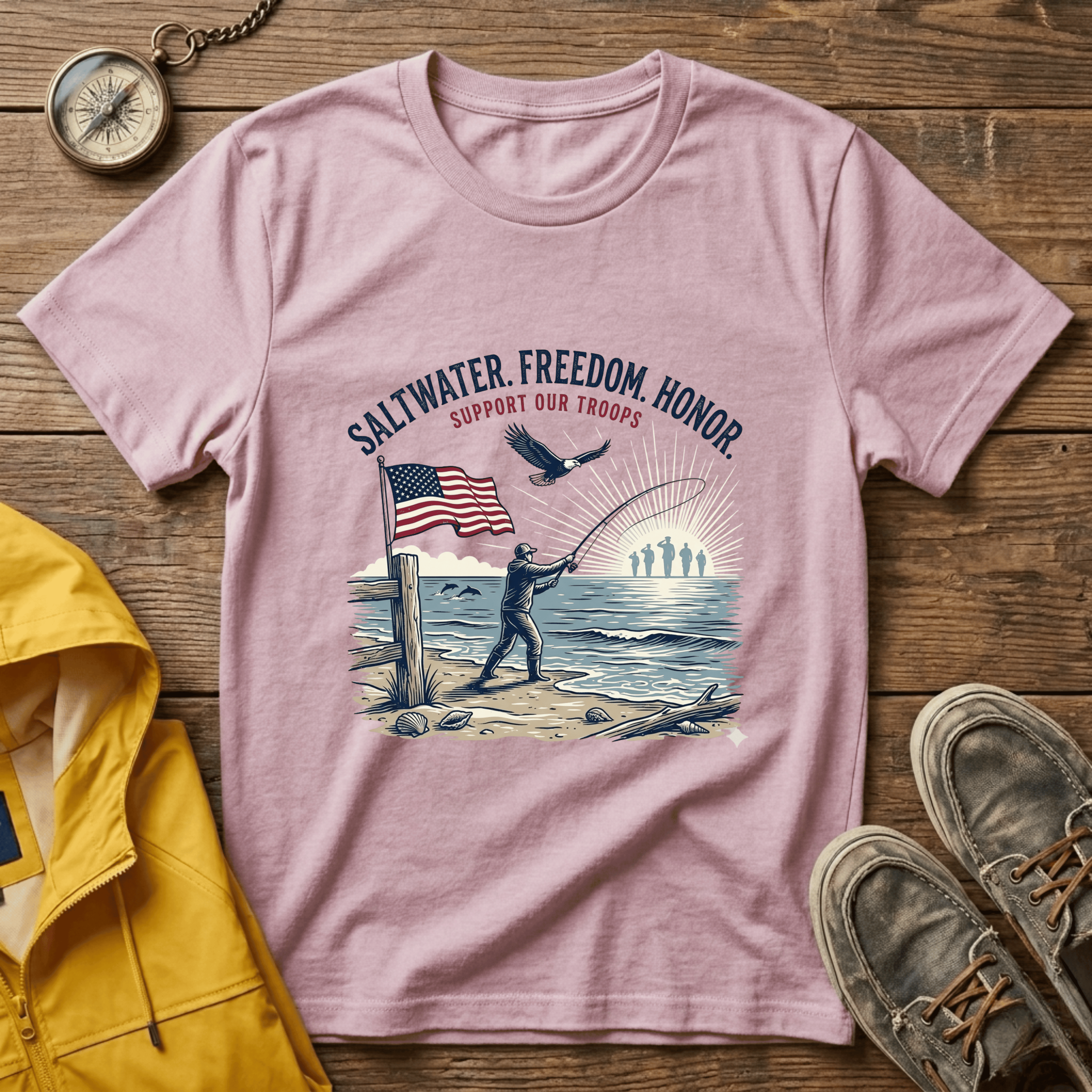 Patriotic Surf T‑Shirt — "Saltwater. Freedom. Honor." Support Our Troops