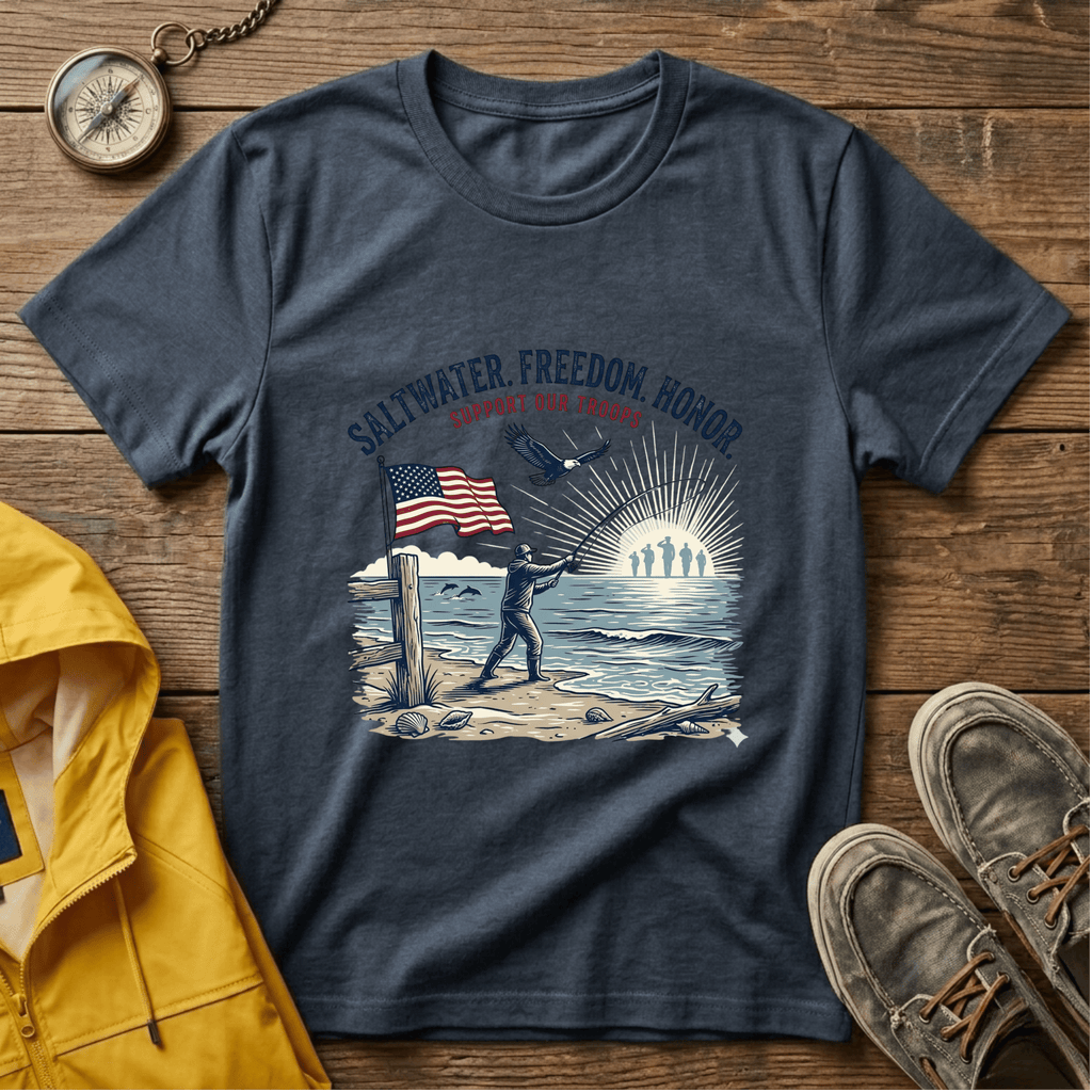 Patriotic Surf T‑Shirt — "Saltwater. Freedom. Honor." Support Our Troops