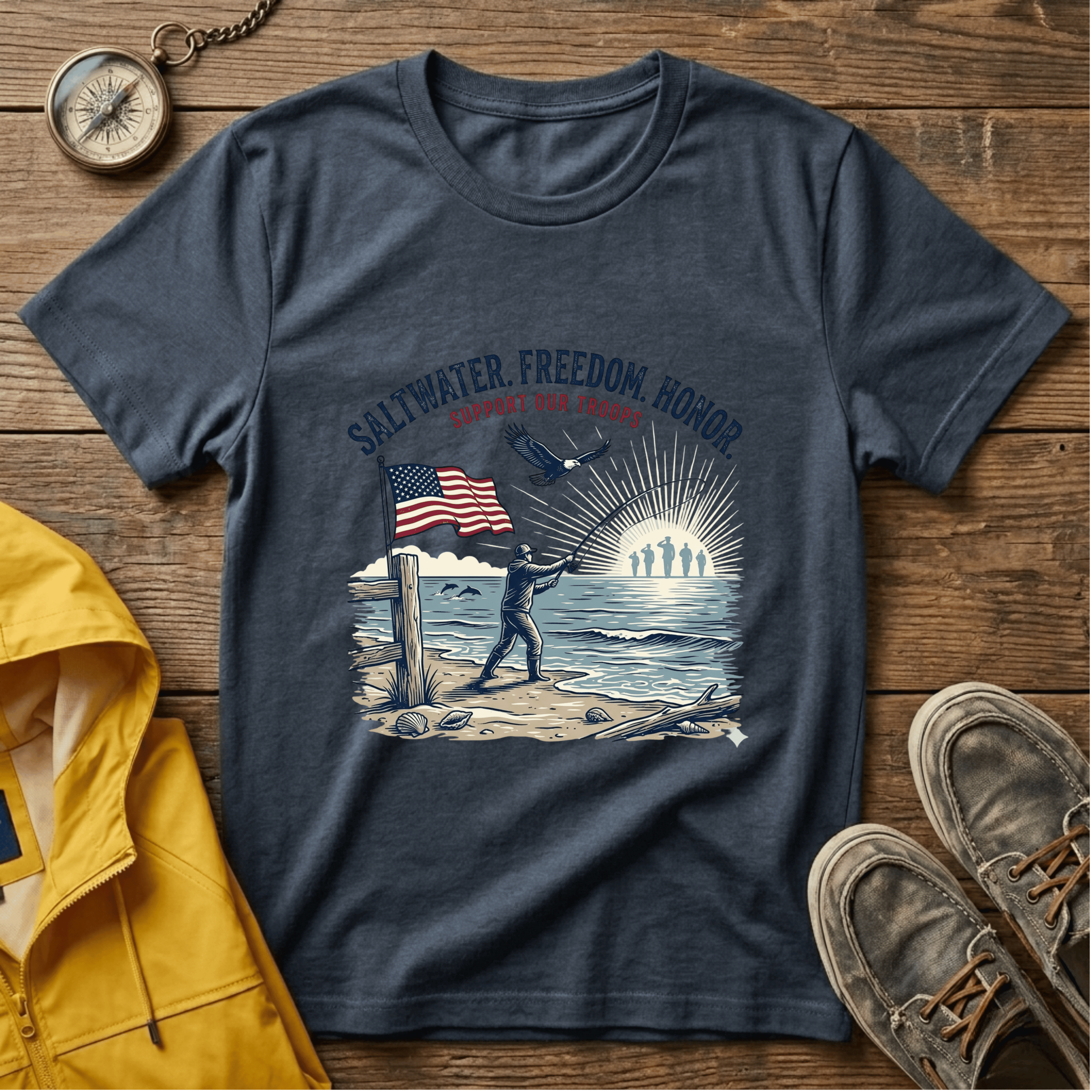 Patriotic Surf T‑Shirt — "Saltwater. Freedom. Honor." Support Our Troops