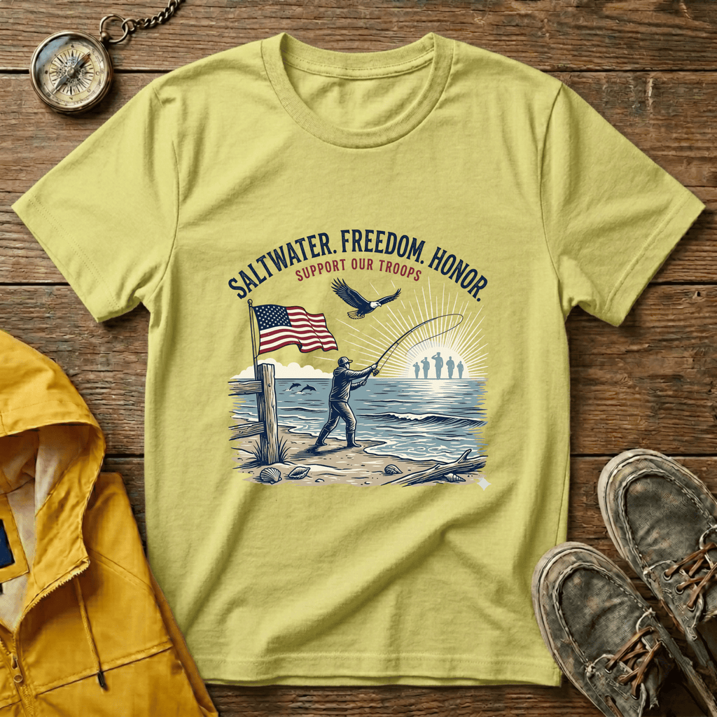 Patriotic Surf T‑Shirt — "Saltwater. Freedom. Honor." Support Our Troops