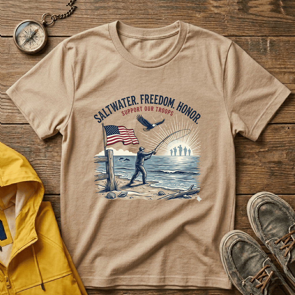 Patriotic Surf T‑Shirt — "Saltwater. Freedom. Honor." Support Our Troops