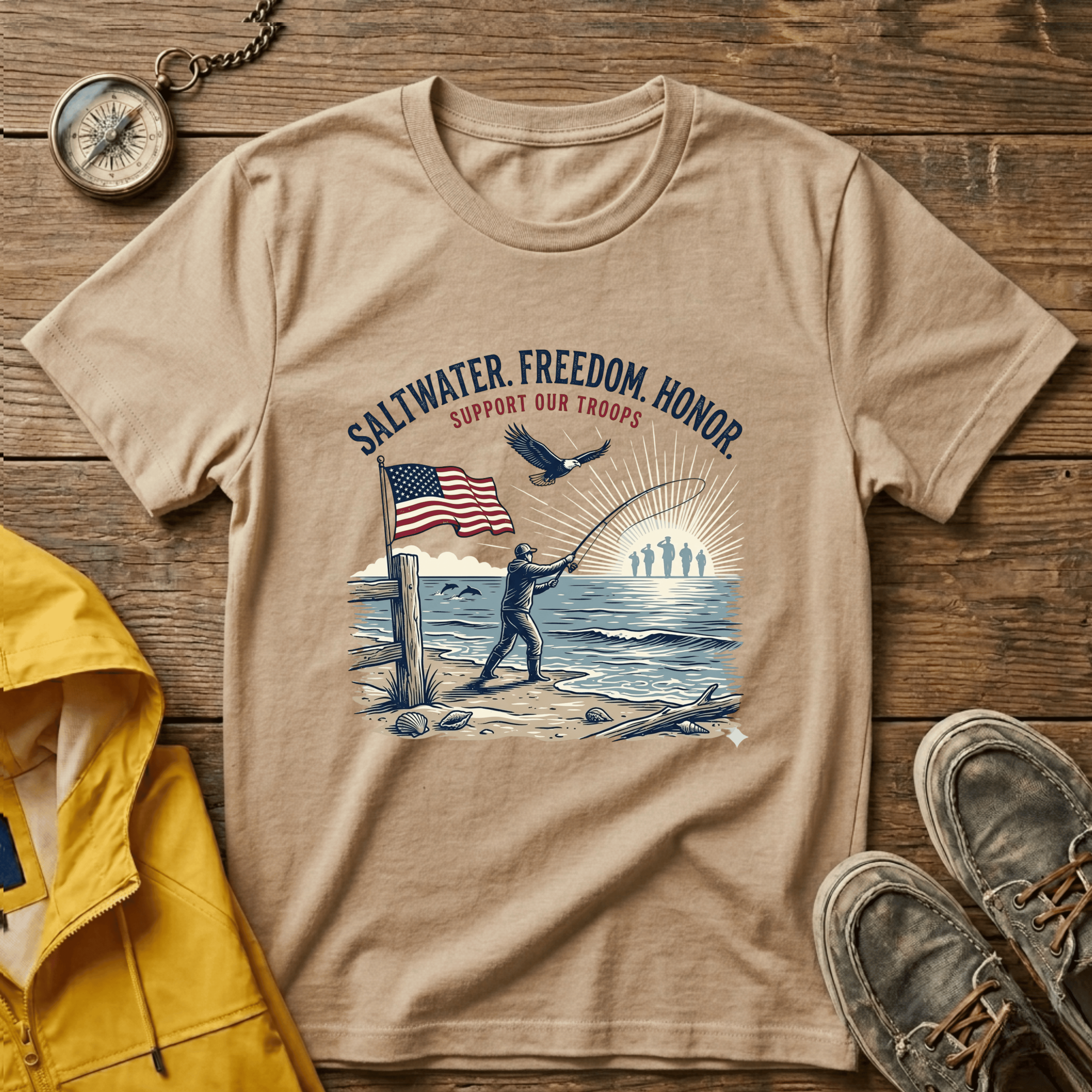 Patriotic Surf T‑Shirt — "Saltwater. Freedom. Honor." Support Our Troops