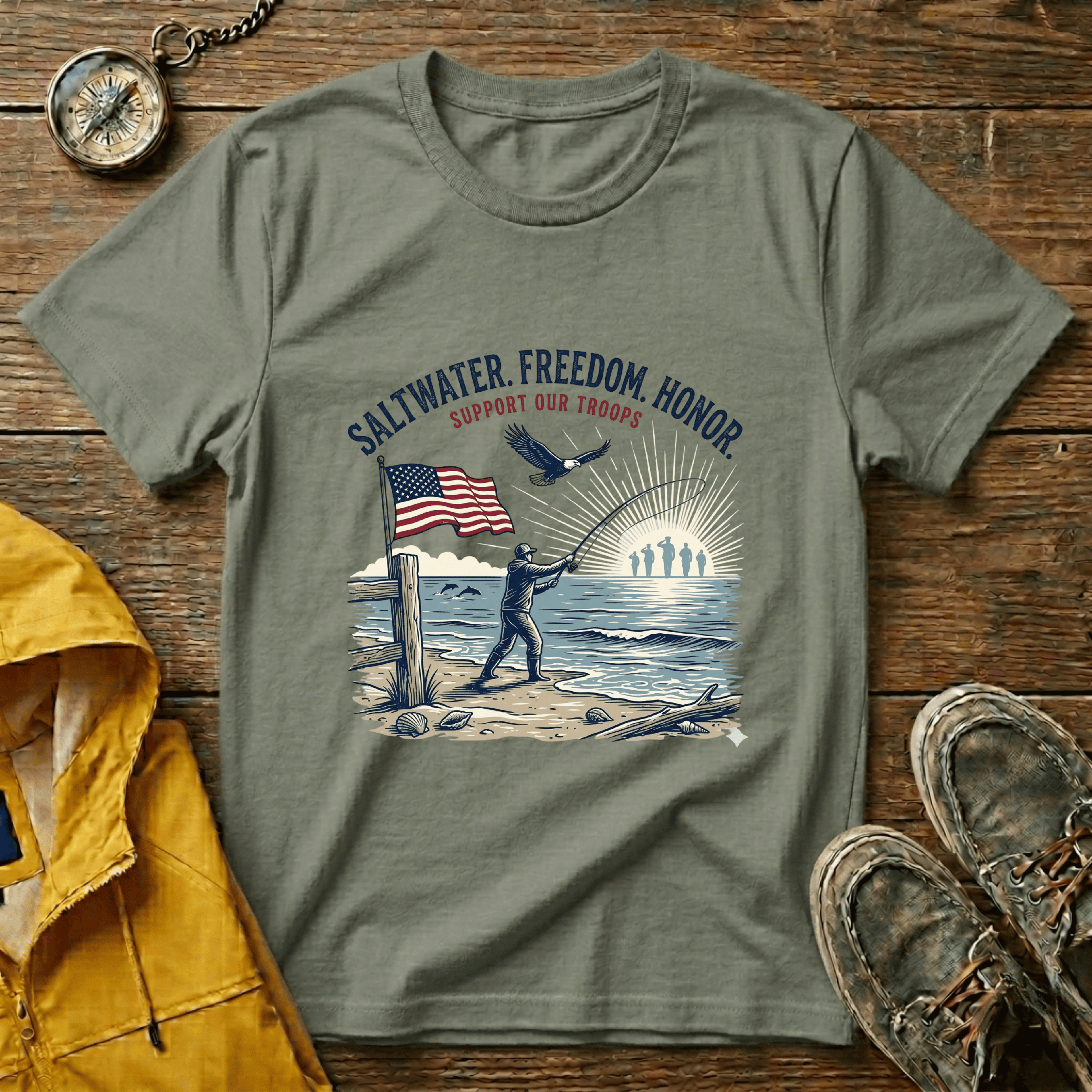 Patriotic Surf T‑Shirt — "Saltwater. Freedom. Honor." Support Our Troops