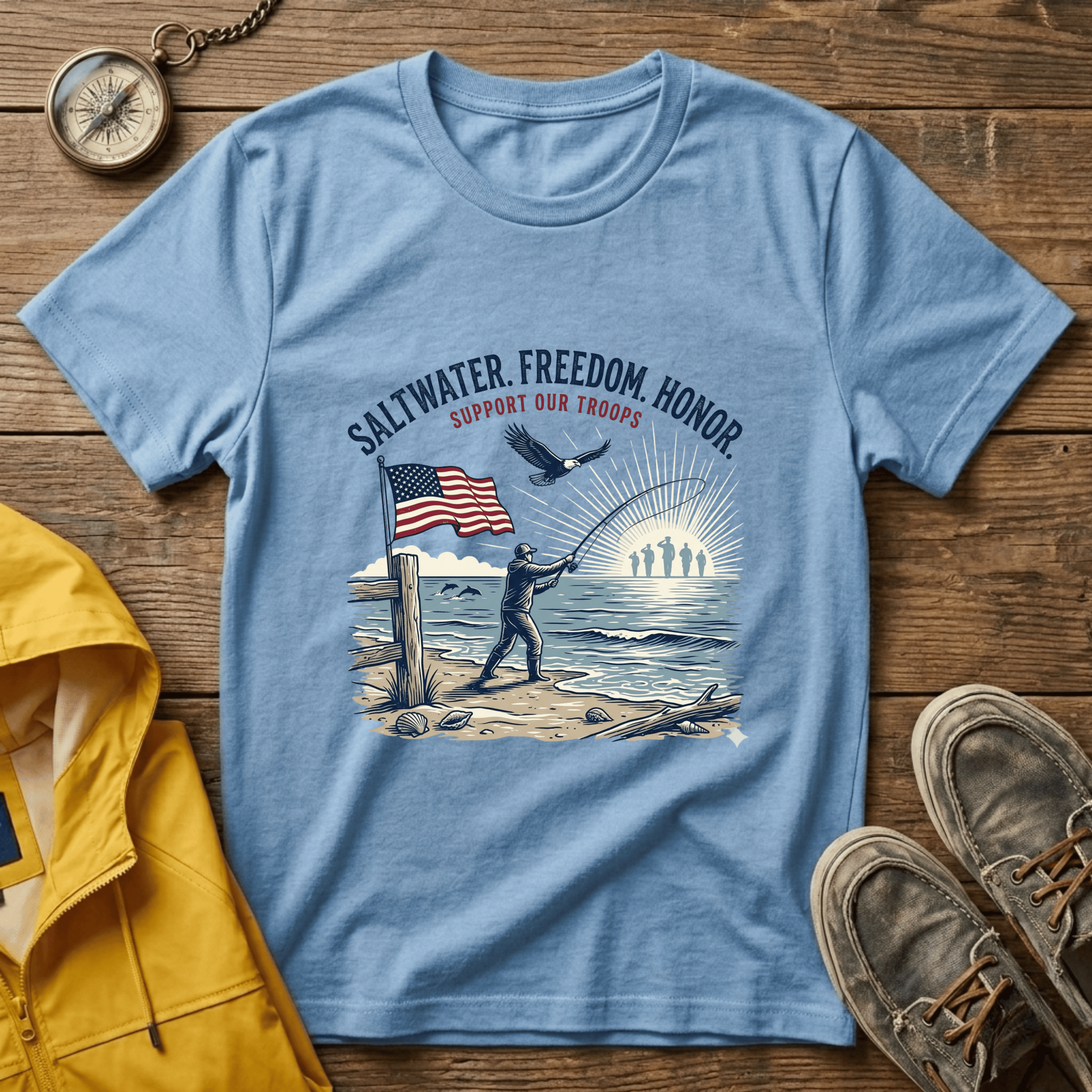 Patriotic Surf T‑Shirt — "Saltwater. Freedom. Honor." Support Our Troops