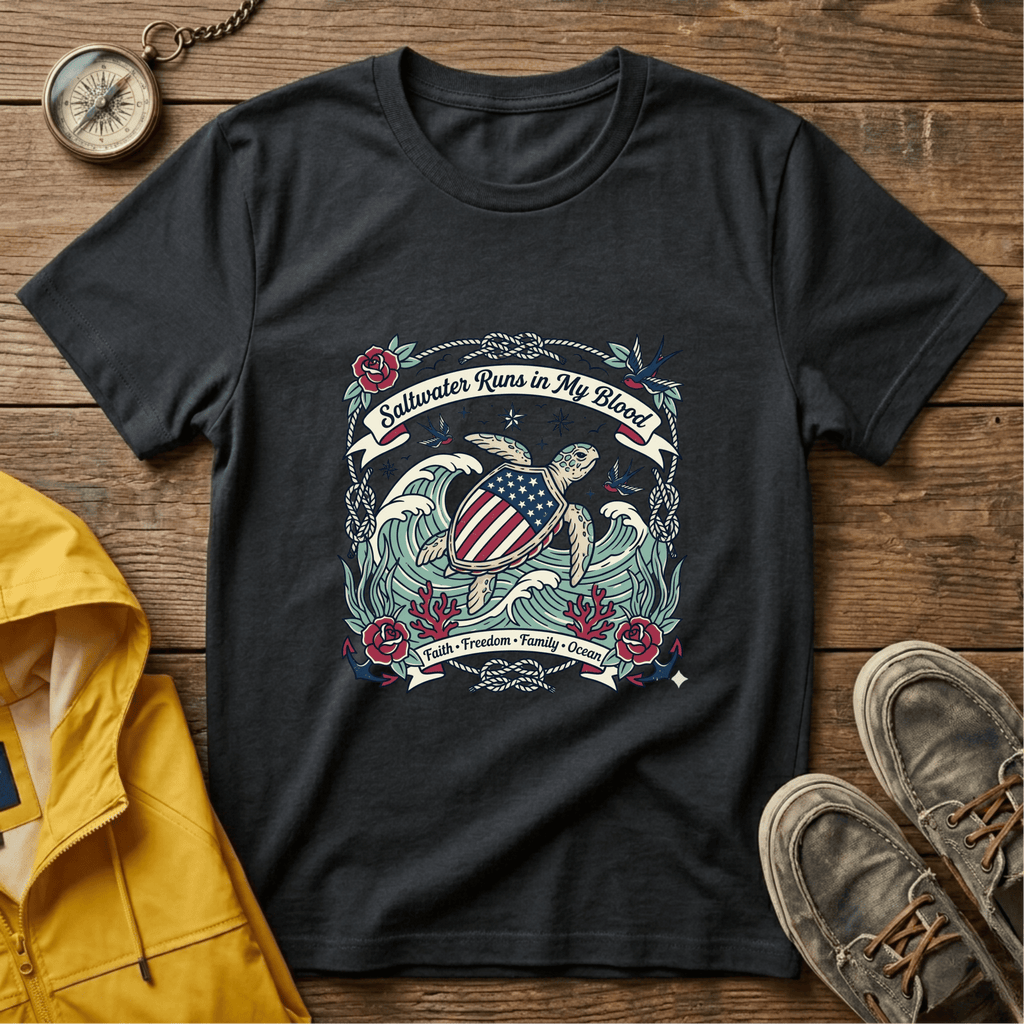 Saltwater Runs in My Blood Tee — Patriotic Sea Turtle Graphic T-Shirt