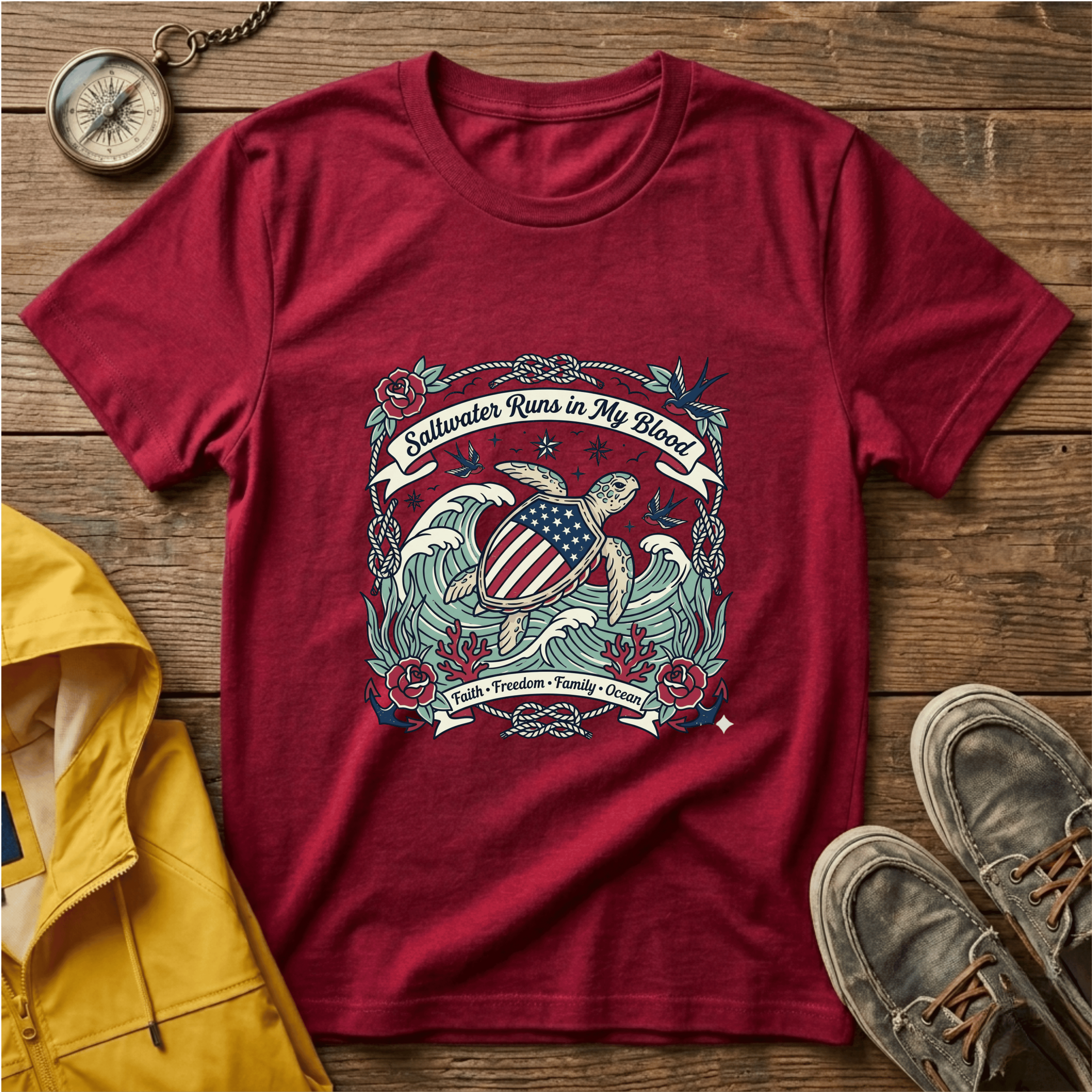 Saltwater Runs in My Blood Tee — Patriotic Sea Turtle Graphic T-Shirt
