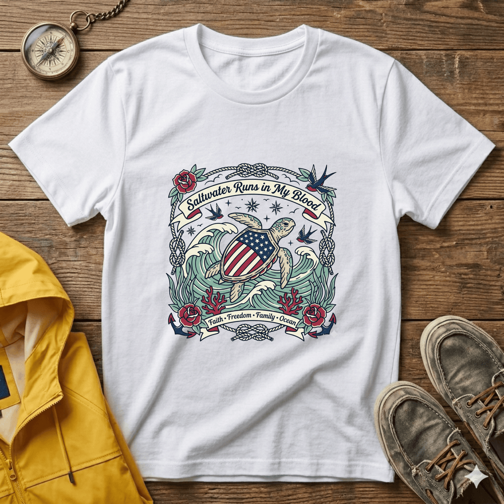Saltwater Runs in My Blood Tee — Patriotic Sea Turtle Graphic T-Shirt