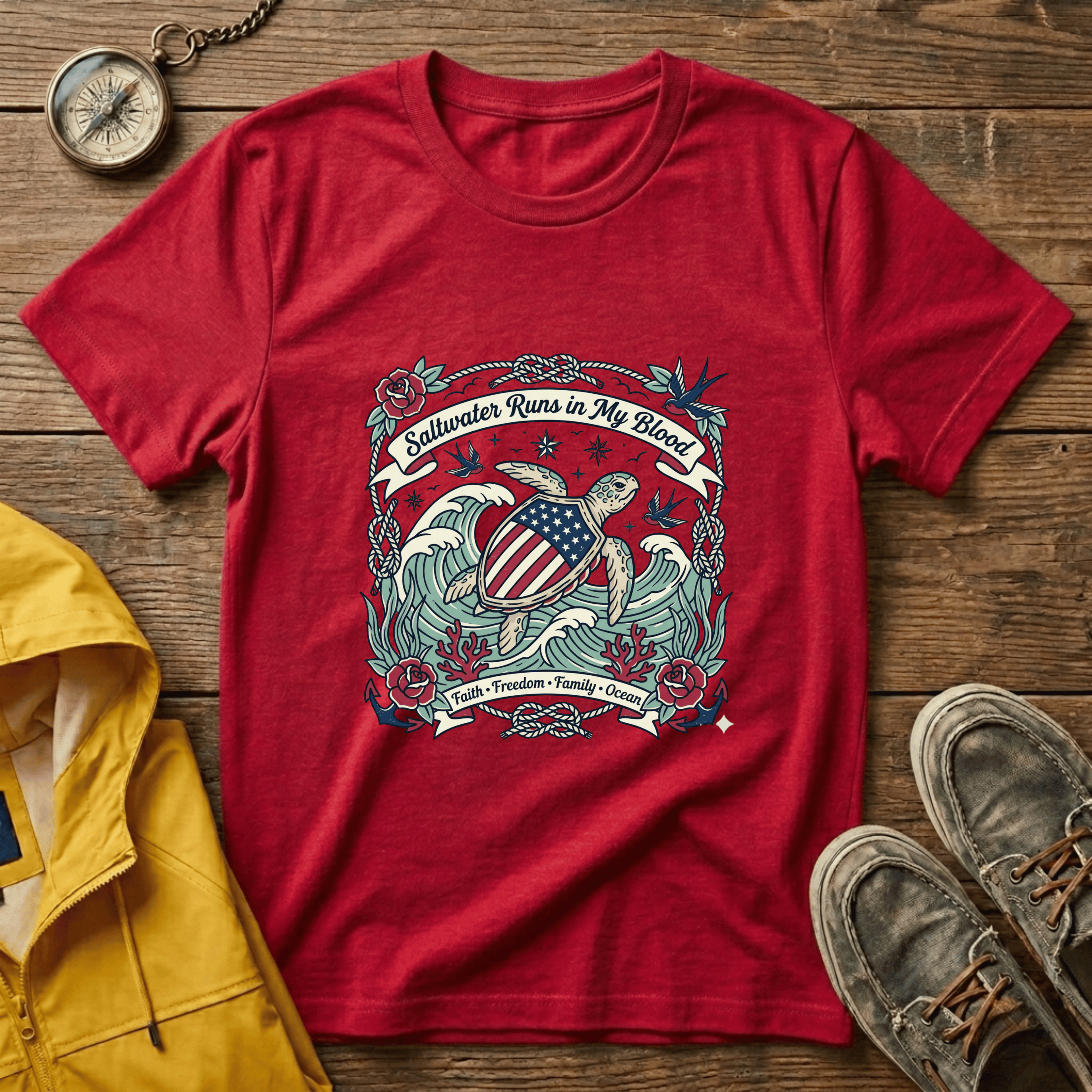 Saltwater Runs in My Blood Tee — Patriotic Sea Turtle Graphic T-Shirt