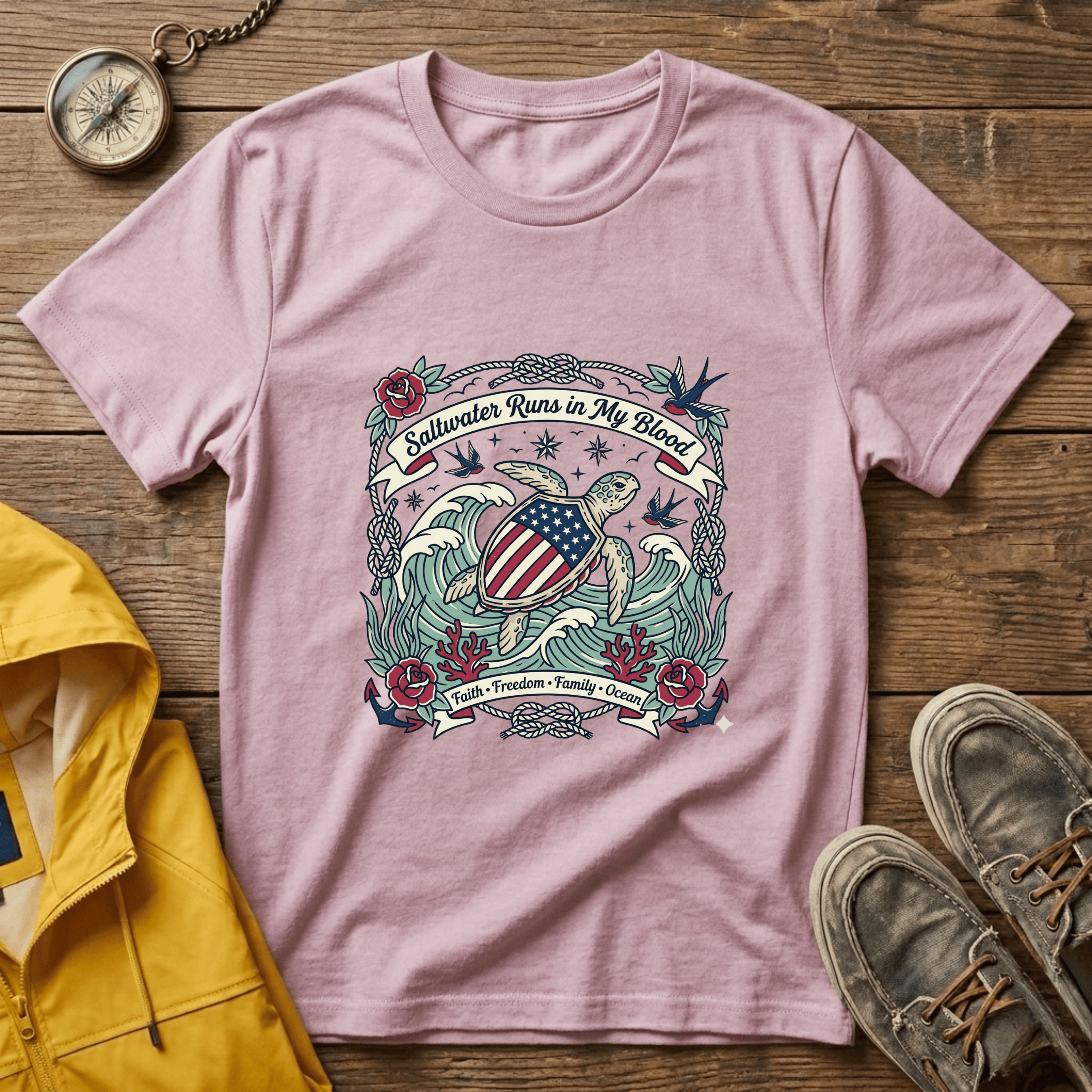 Saltwater Runs in My Blood Tee — Patriotic Sea Turtle Graphic T-Shirt