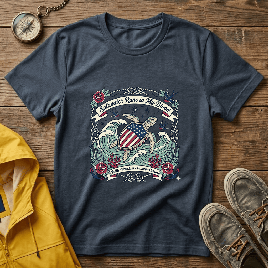 Saltwater Runs in My Blood Tee — Patriotic Sea Turtle Graphic T-Shirt