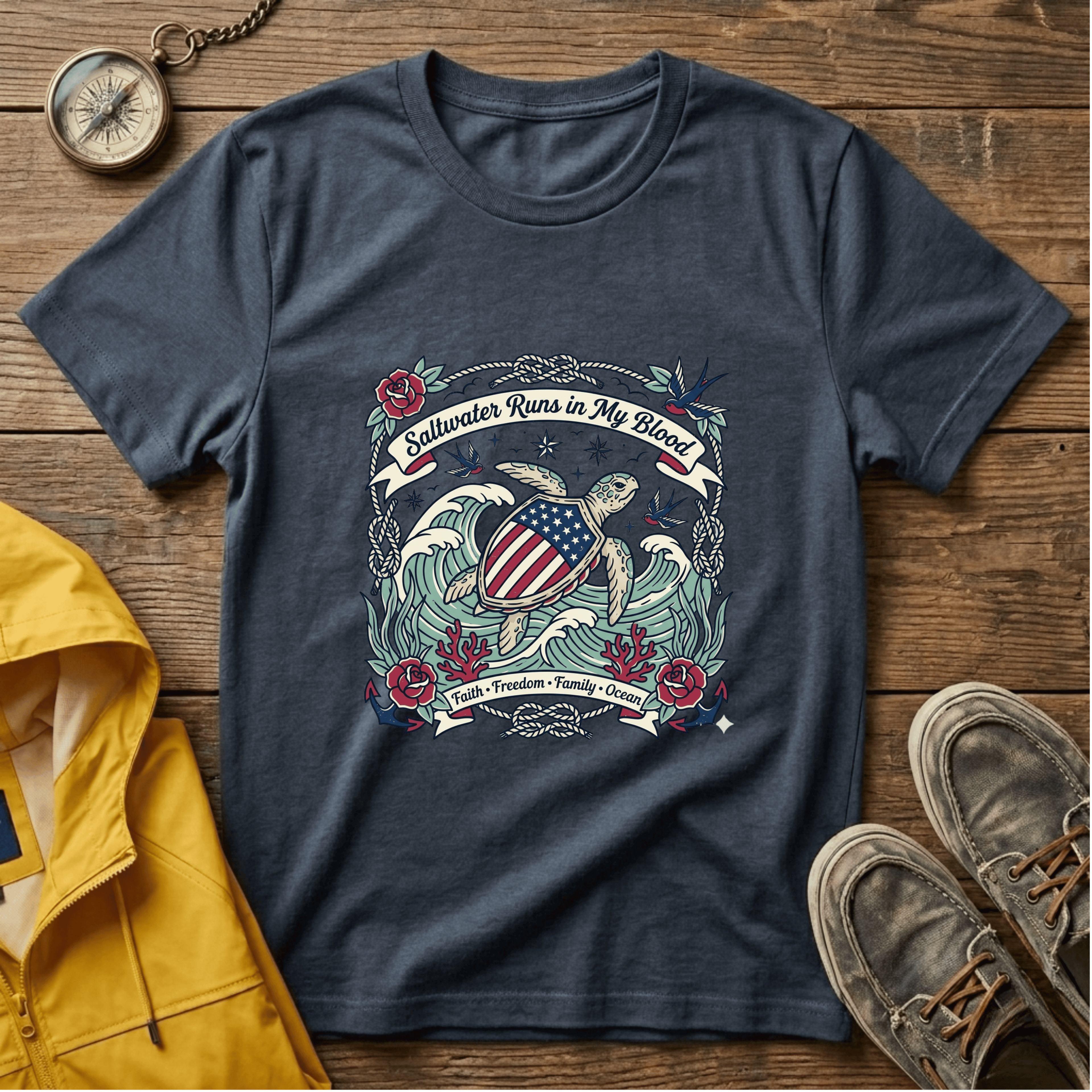 Saltwater Runs in My Blood Tee — Patriotic Sea Turtle Graphic T-Shirt