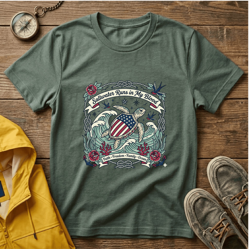 Saltwater Runs in My Blood Tee — Patriotic Sea Turtle Graphic T-Shirt