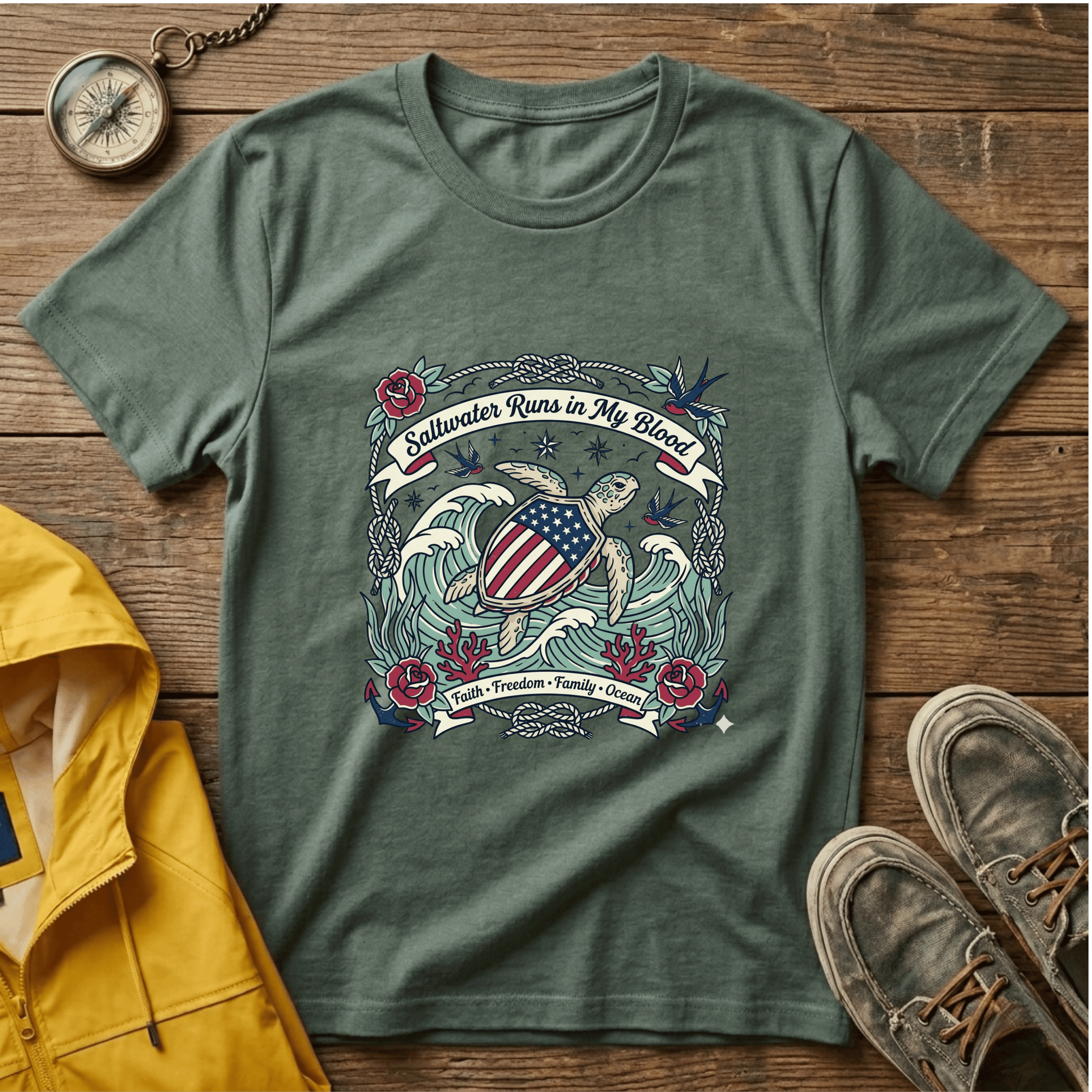 Saltwater Runs in My Blood Tee — Patriotic Sea Turtle Graphic T-Shirt