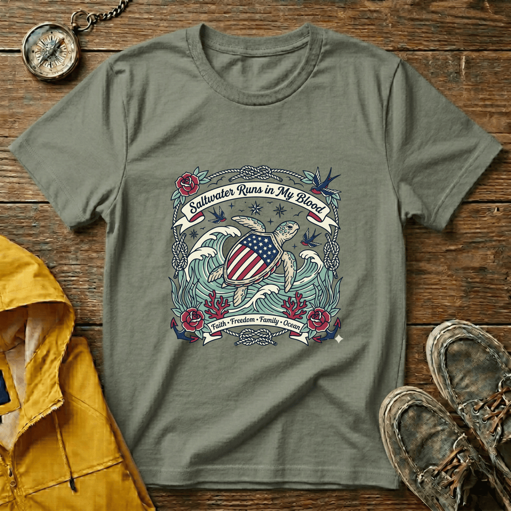 Saltwater Runs in My Blood Tee — Patriotic Sea Turtle Graphic T-Shirt