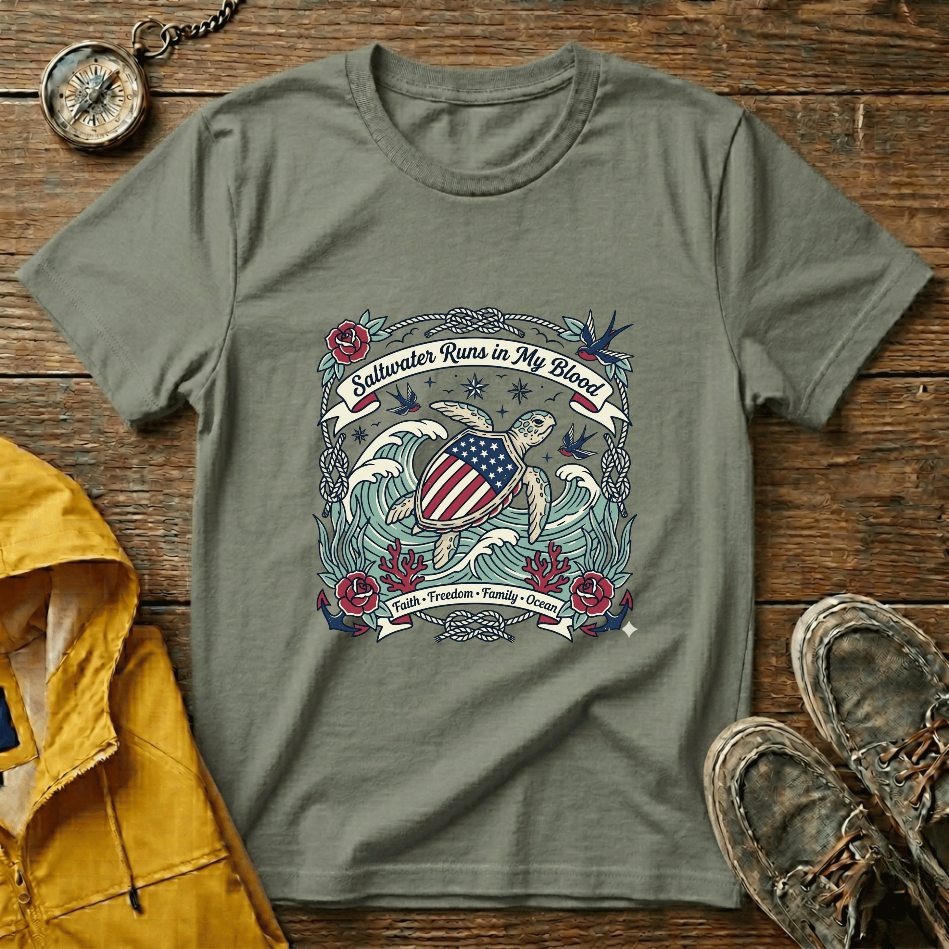 Saltwater Runs in My Blood Tee — Patriotic Sea Turtle Graphic T-Shirt