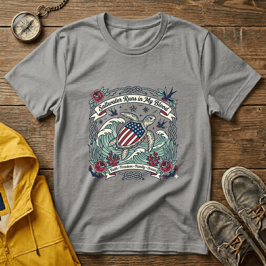 Saltwater Runs in My Blood Tee — Patriotic Sea Turtle Graphic T-Shirt