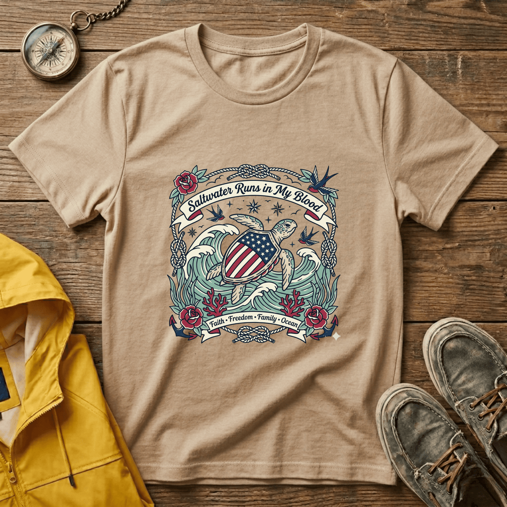 Saltwater Runs in My Blood Tee — Patriotic Sea Turtle Graphic T-Shirt