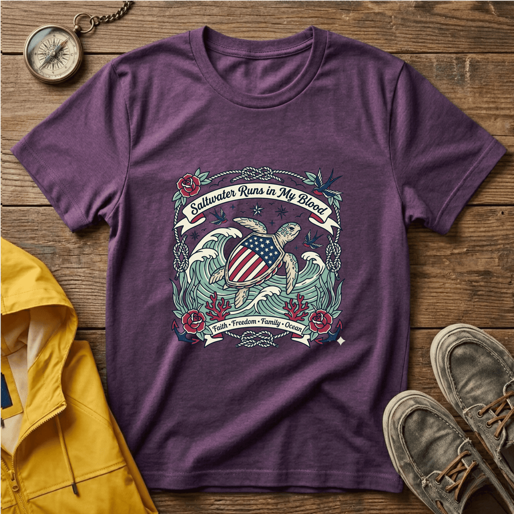 Saltwater Runs in My Blood Tee — Patriotic Sea Turtle Graphic T-Shirt