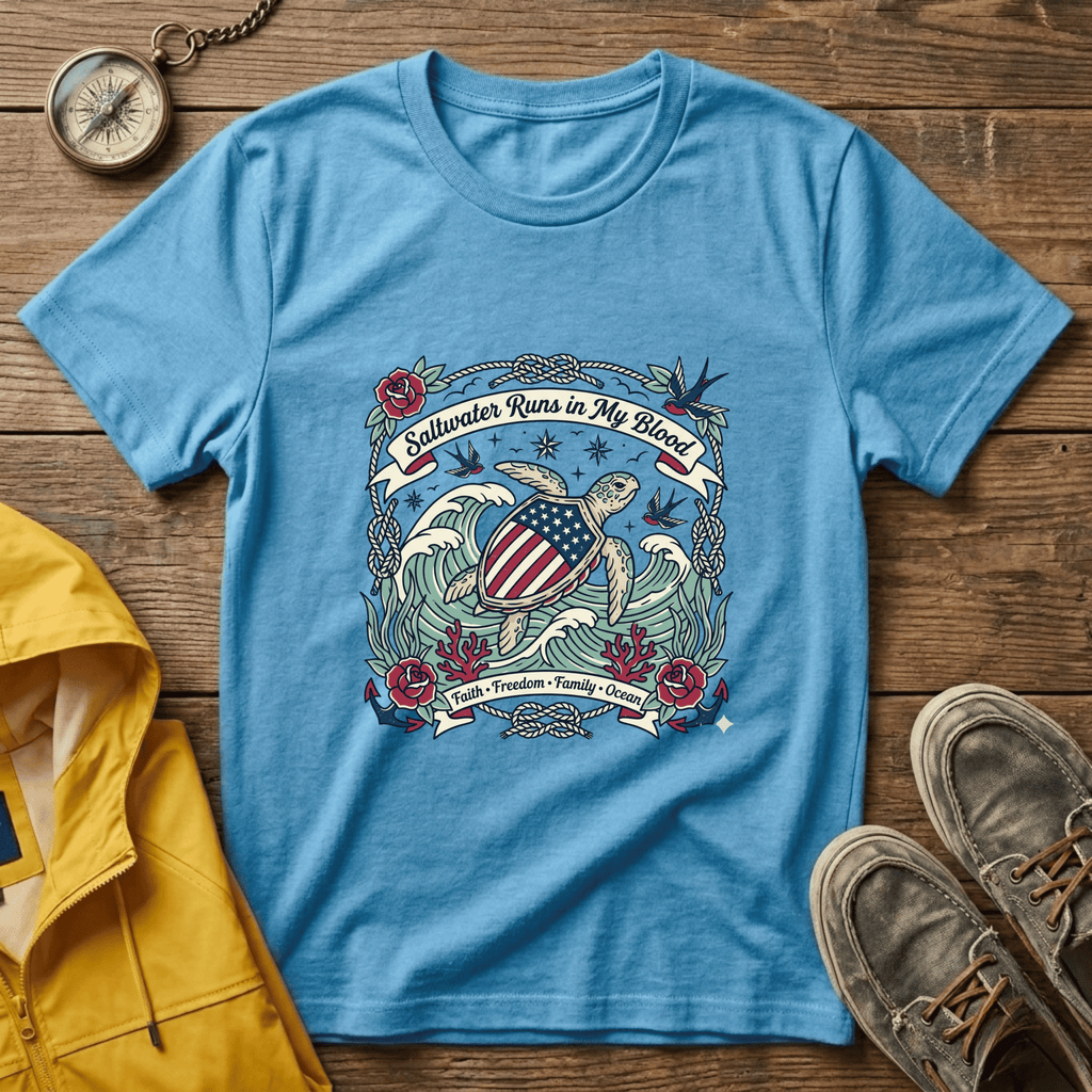 Saltwater Runs in My Blood Tee — Patriotic Sea Turtle Graphic T-Shirt